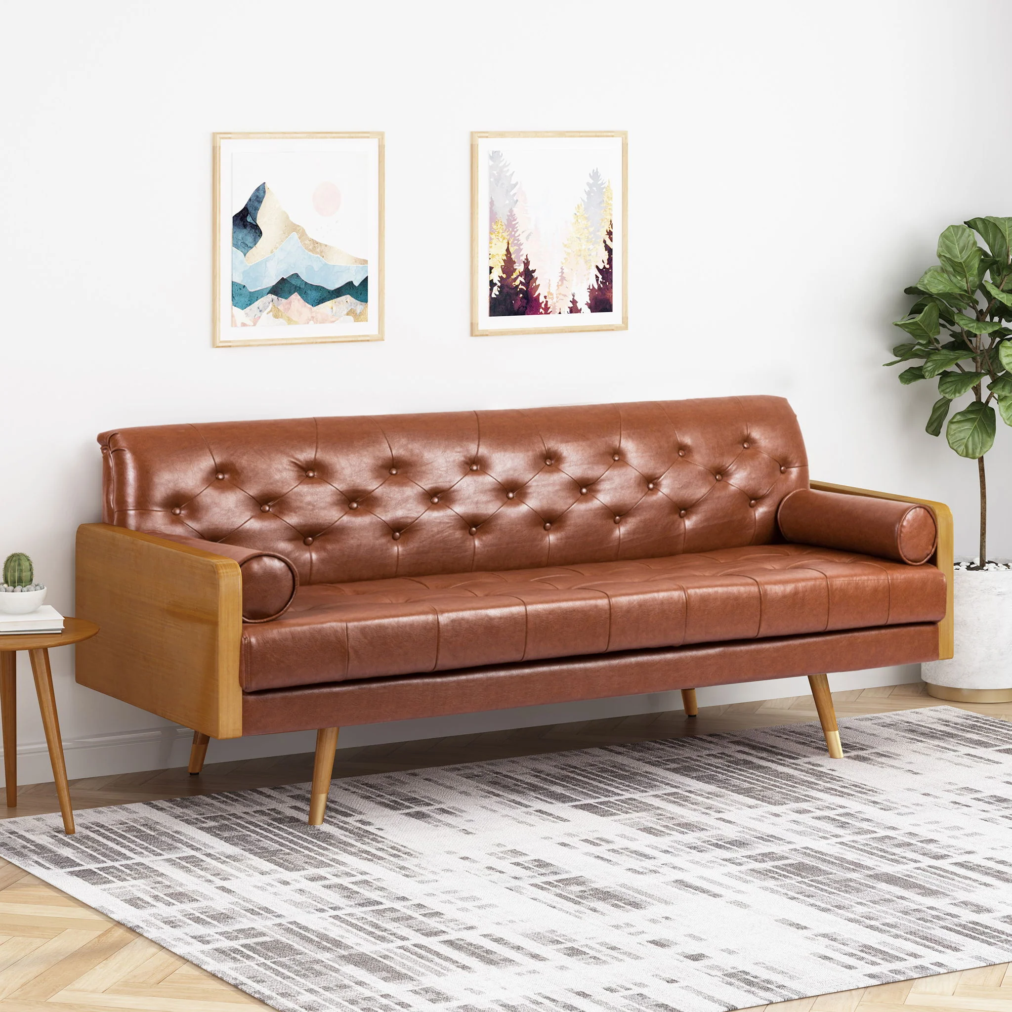 Adelaide - Mid Century Modern Tufted Sofa With Rolled Accent Pillows - Light Brown - Image 3