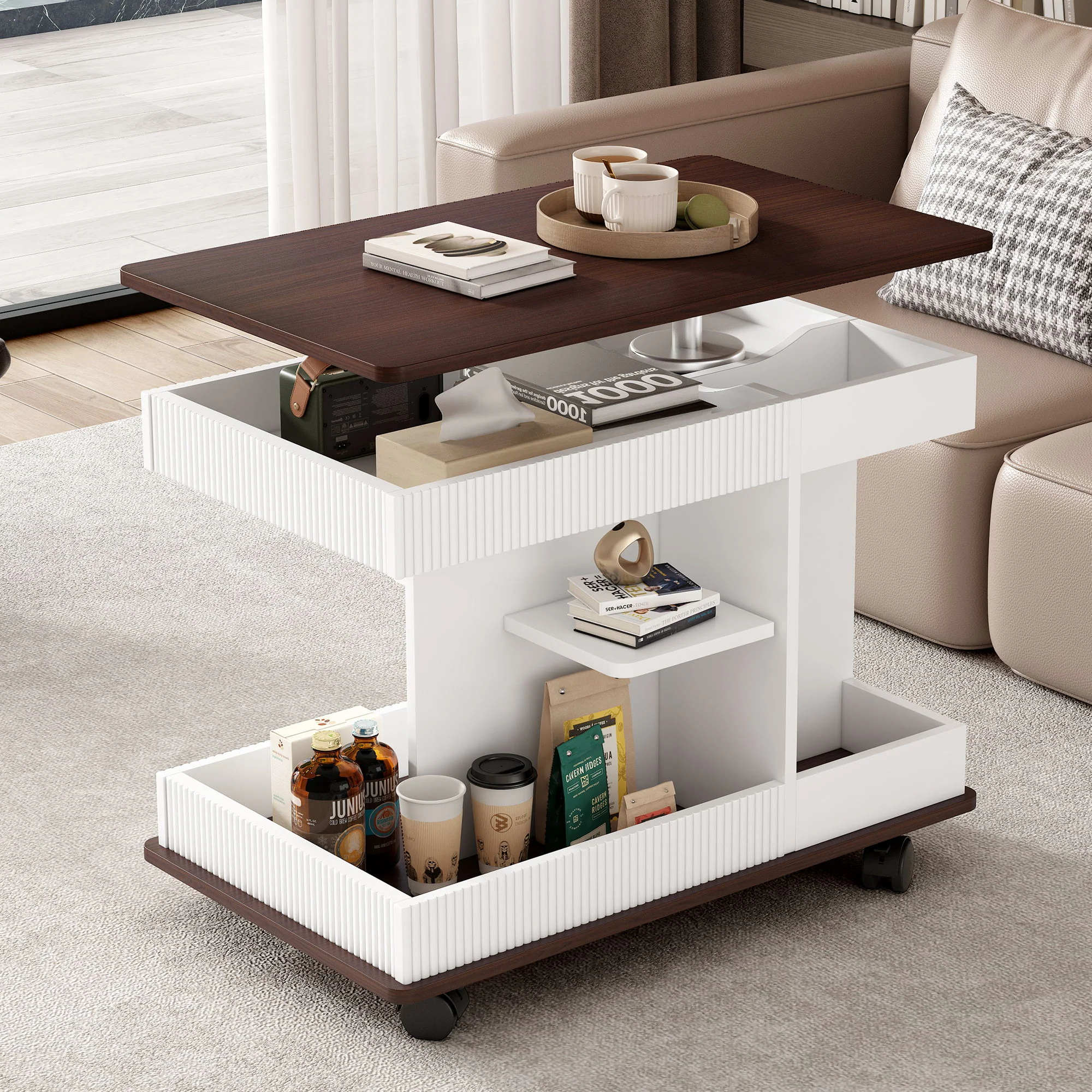 Adjustable End Table With Wheels, 360°Rotating Top And Storage Space - Image 3