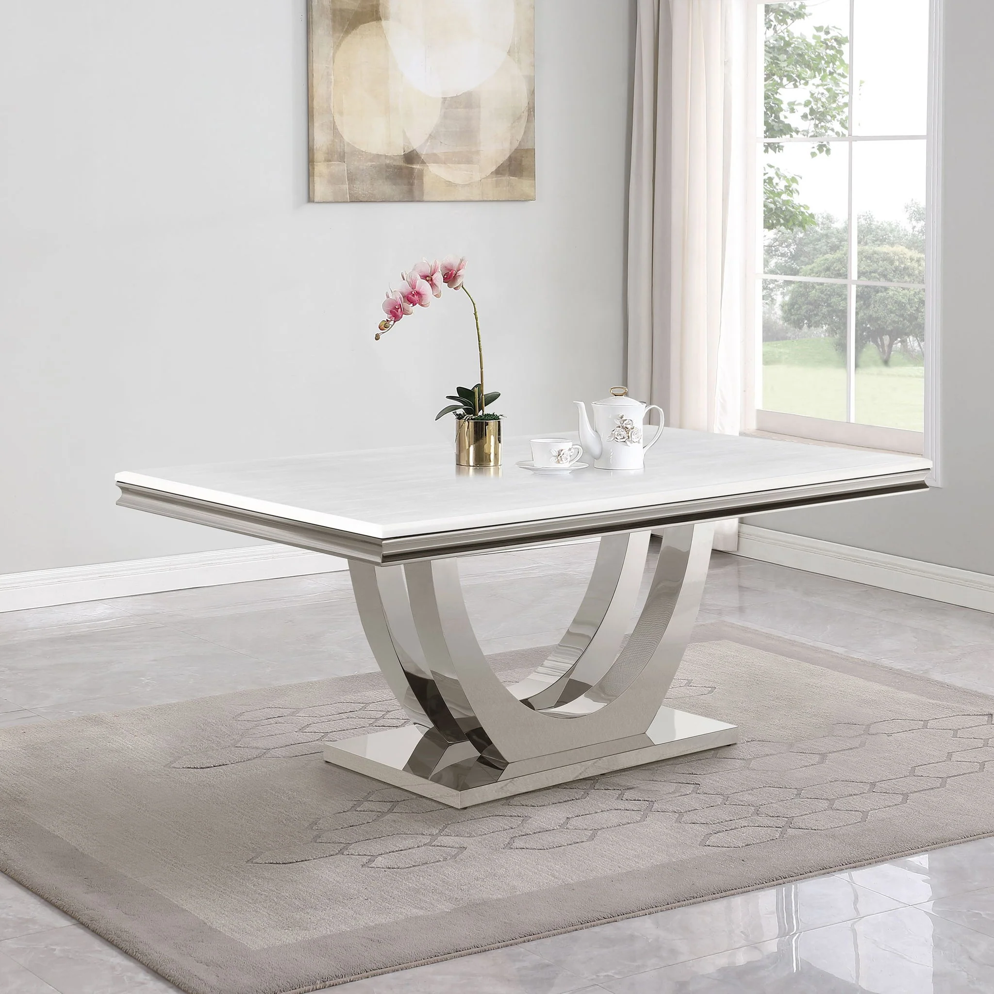 Allessandra - Rectangular U-Shaped Base Dining Table - White / Silver - Image 2