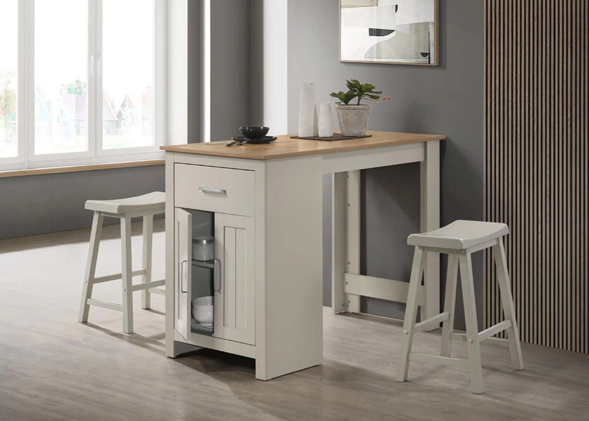Alonzo - Small Space Counter Height Dining Table With Cabinet, Drawer, And 2 Ergonomic Counter Stools (Set of 3) - Image 3