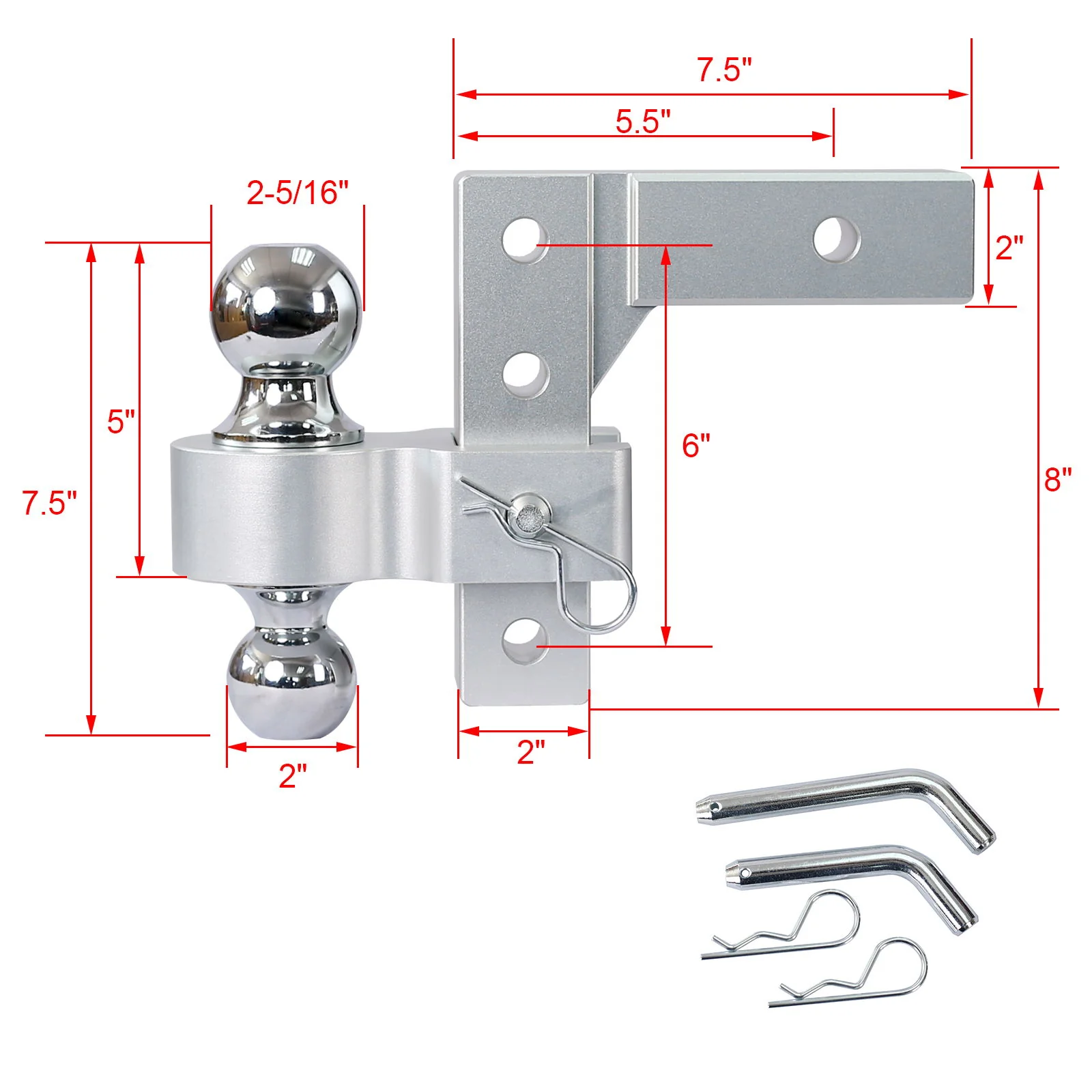 Alu - Adjustable Trailer Drop Hitch With 2" Receiver, 6" Adjustable - Silver - Image 3