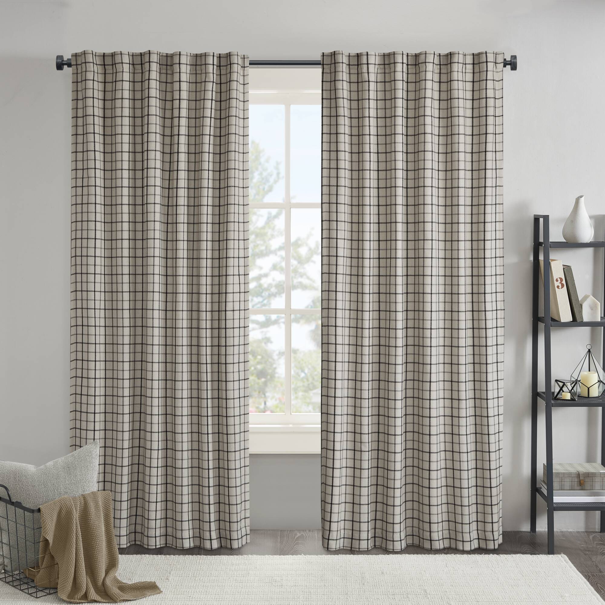 Anaheim - 50x95" Plaid Rod Pocket And Back Tab Curtain Panel With Fleece Lining - Black