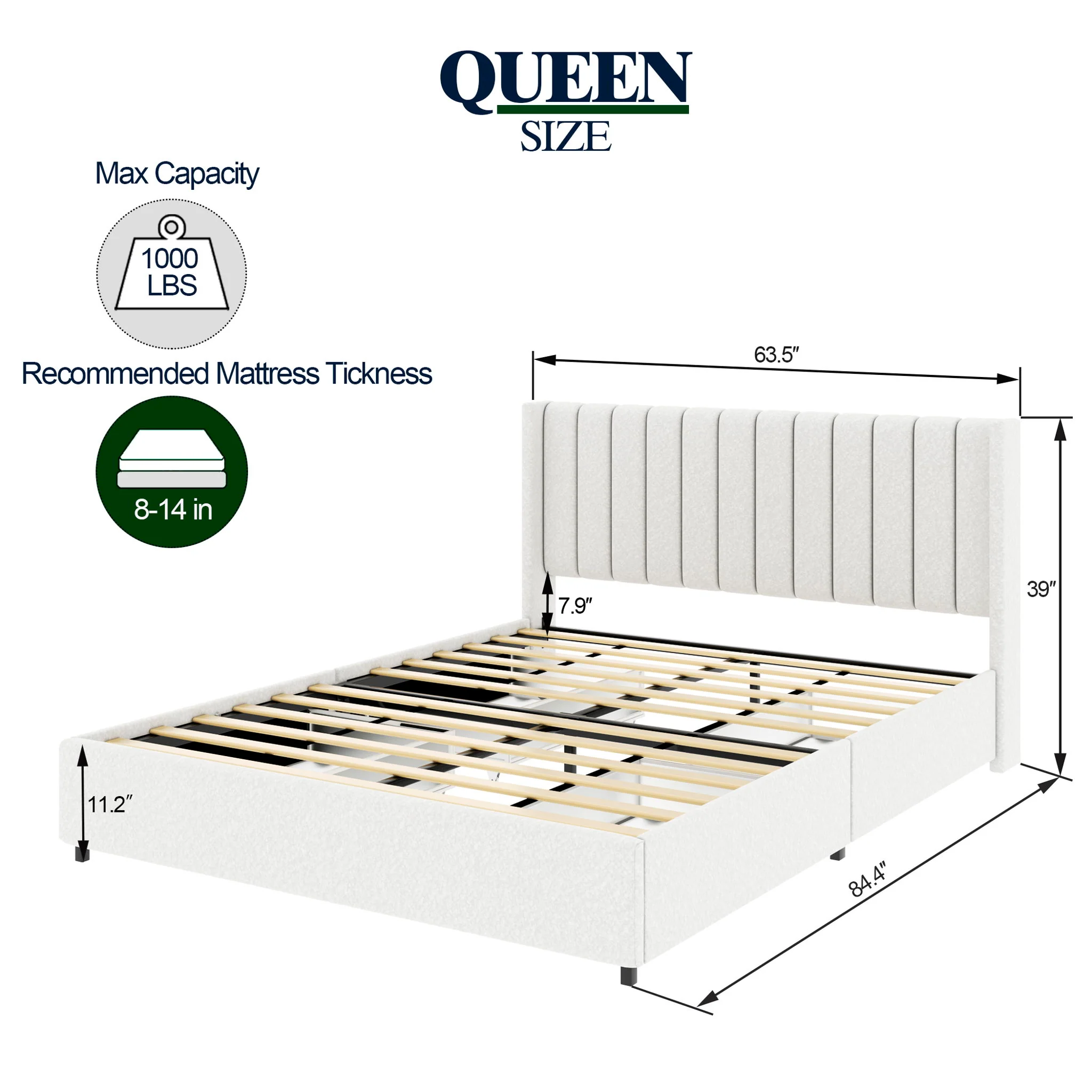 Anda - Boucle Upholstered Platform Bed With Patented Drawers Storage - Ivory - Image 4