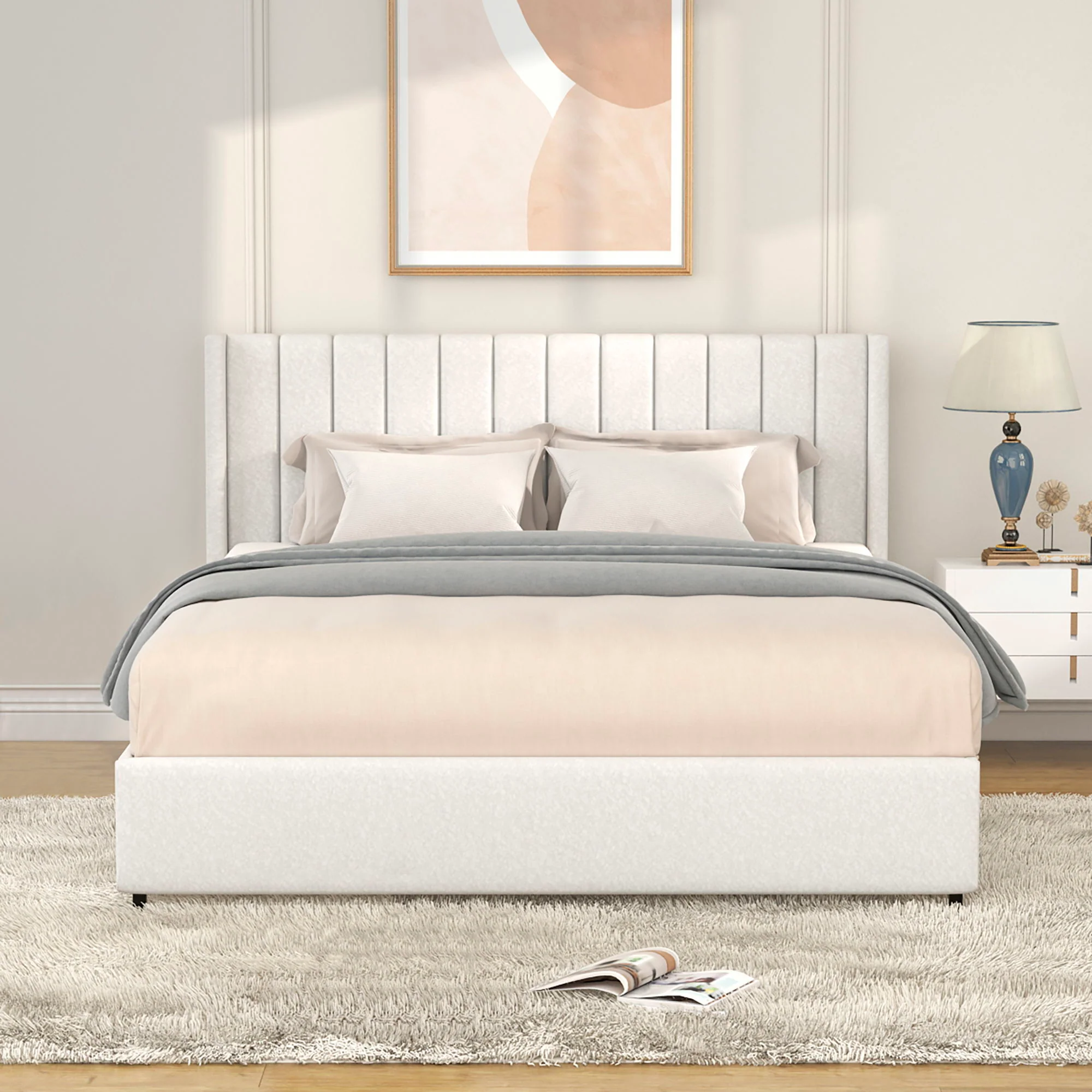 Anda - Boucle Upholstered Platform Bed With Patented Drawers Storage - Ivory - Image 6