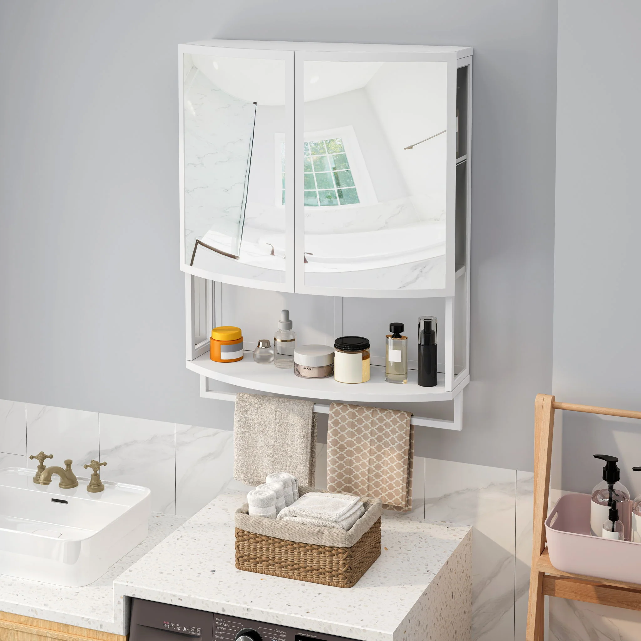 Arched Glass Double Door Wardrobe With Shatterproof Mirror, Open Shelf & Towel Rack - Image 3