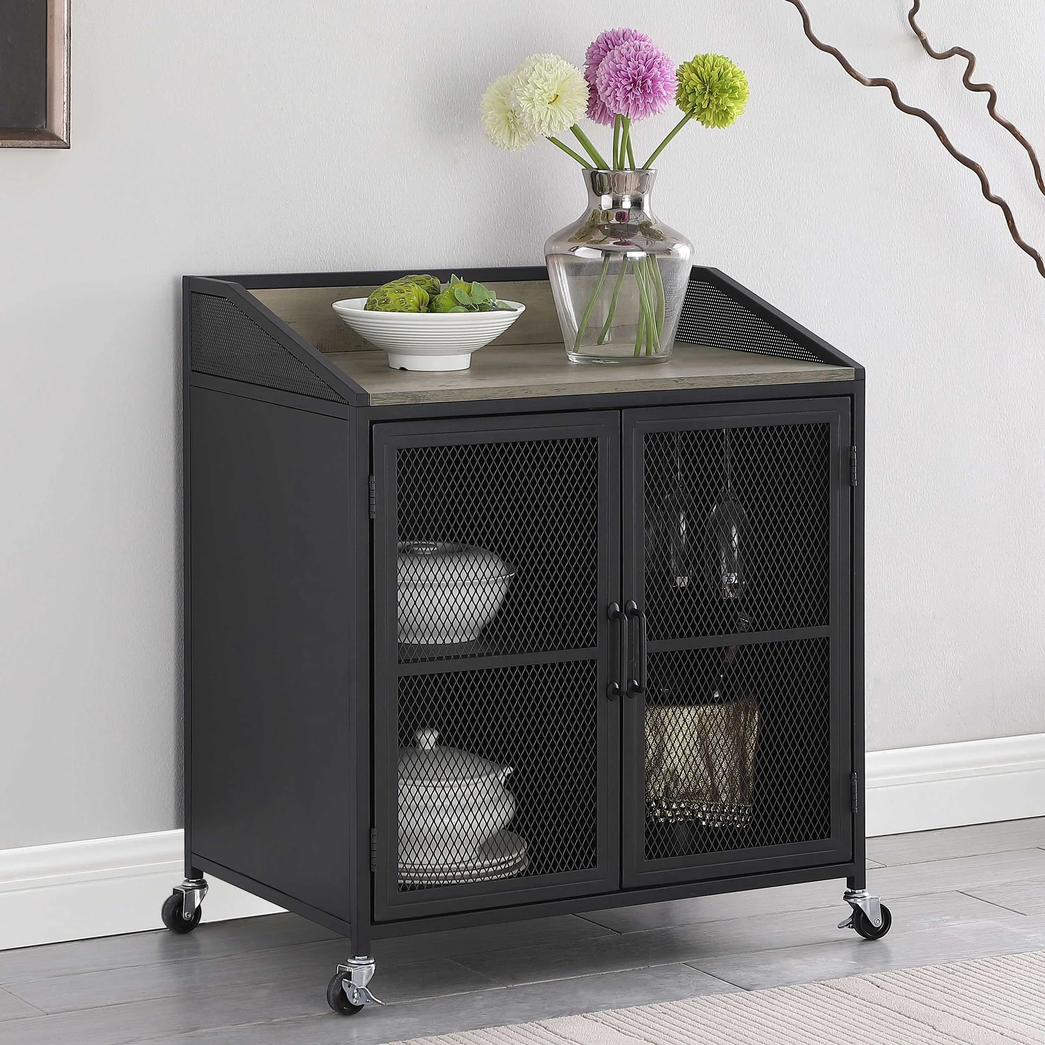 Arlette - 2 Door Mobile Home Bar Wine Cabinet With Smooth Rolling Casters - Black - Image 2