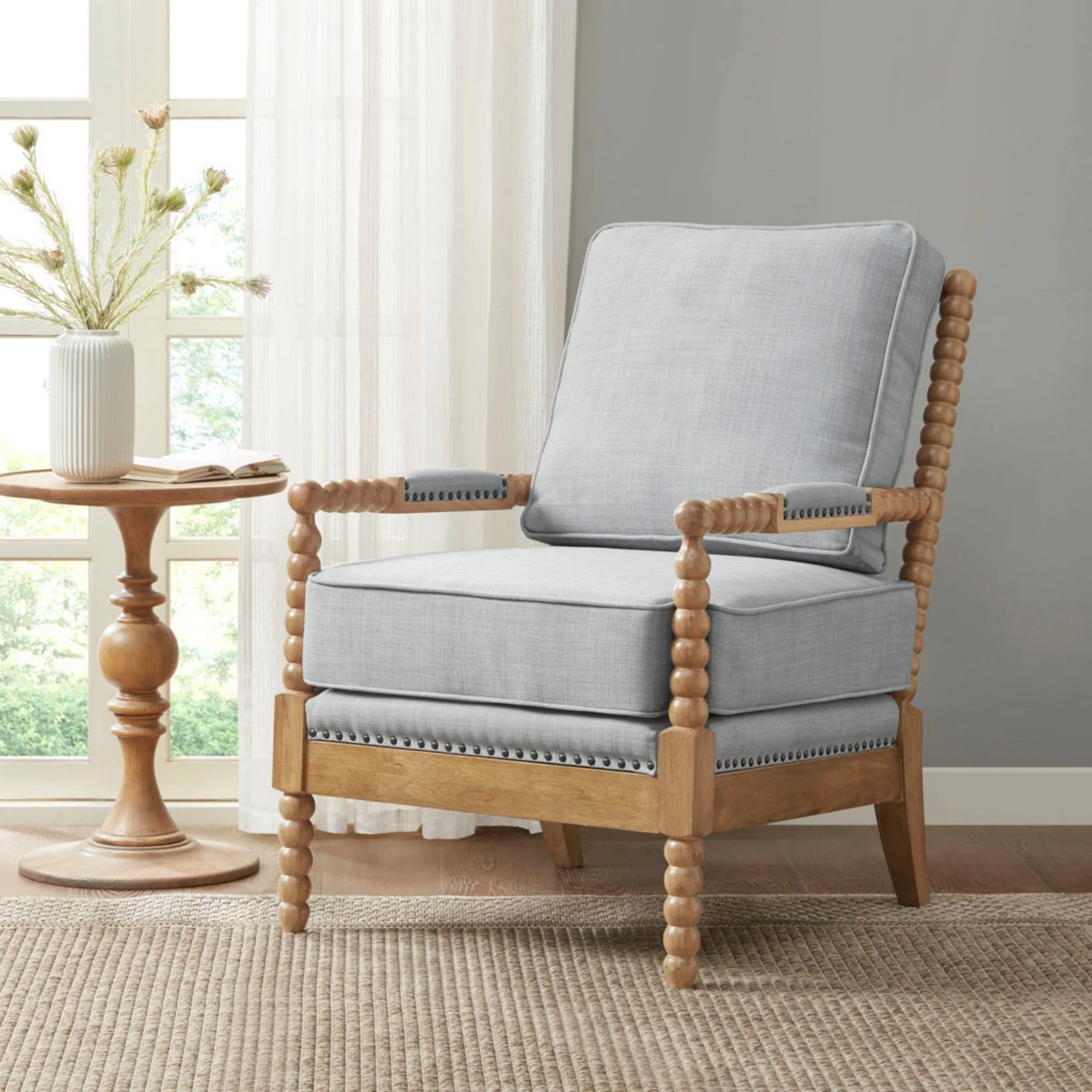 Arm Chair With Open Back Spindle Design, Padded Armrests - Image 5