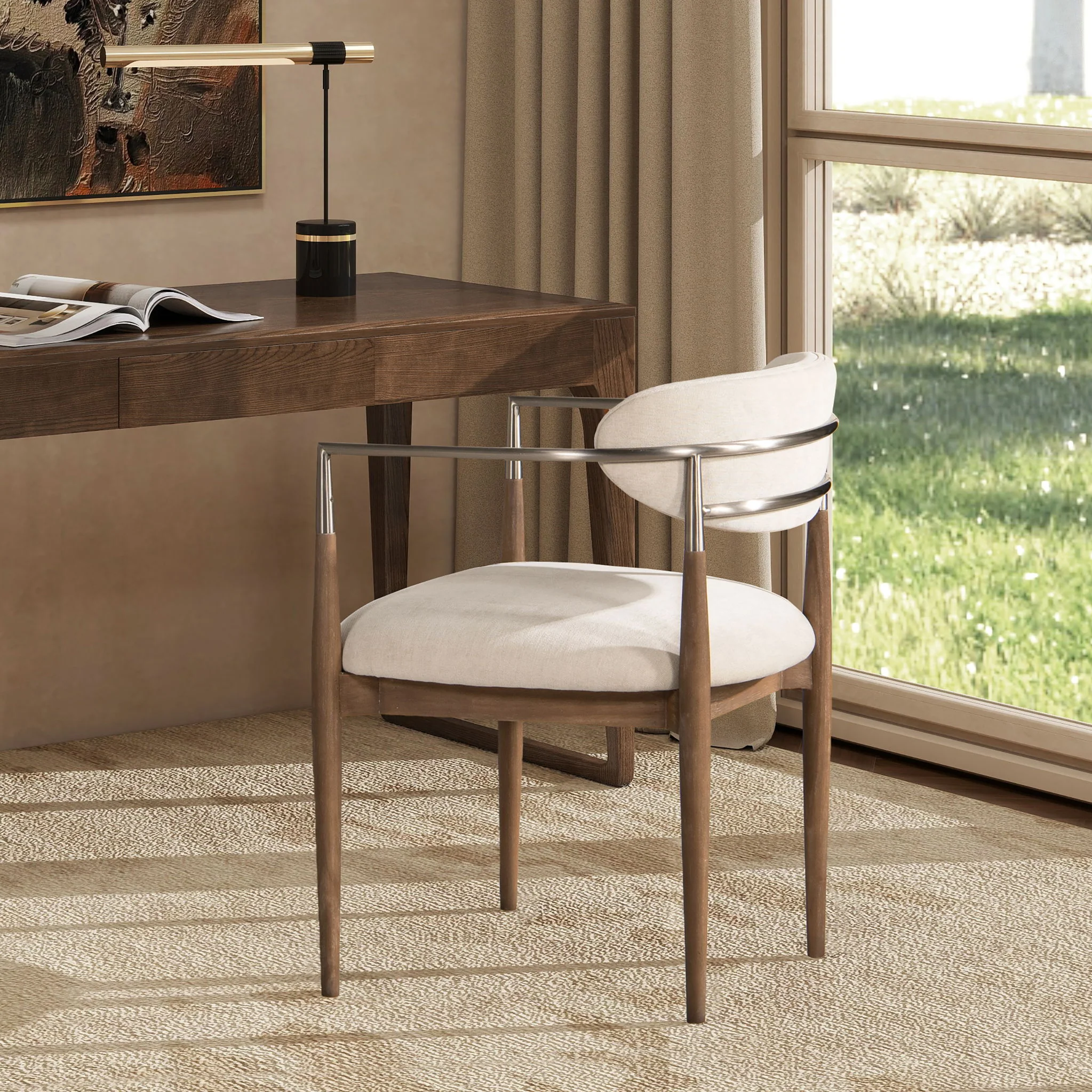 Artemis - Mixed Material Upholstered Dining Arm Chair - Warm White - Image 3