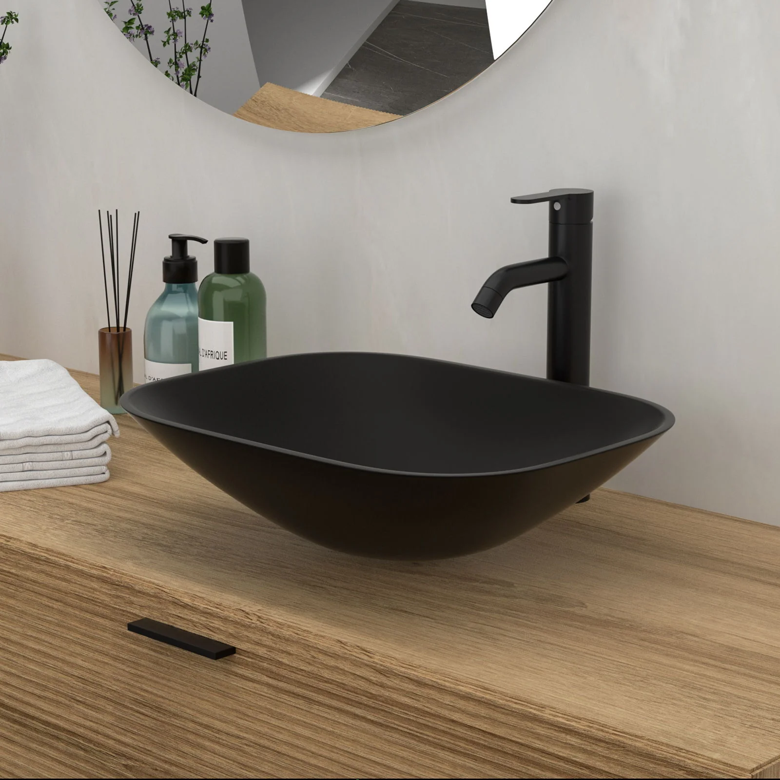 Artistic Tempered Glass Vessel Sink With Faucet And Pop Up Drain - Matte Black - Image 2