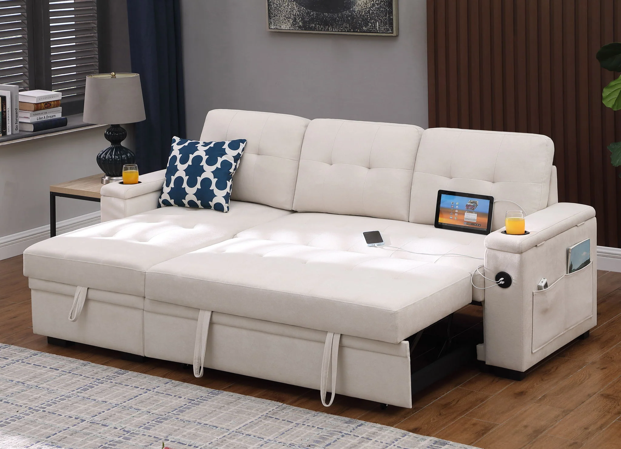 Ashlyn II - 84"W Woven Fabric Reversible Sleeper Sectional Sofa with Storage Chaise - Image 11