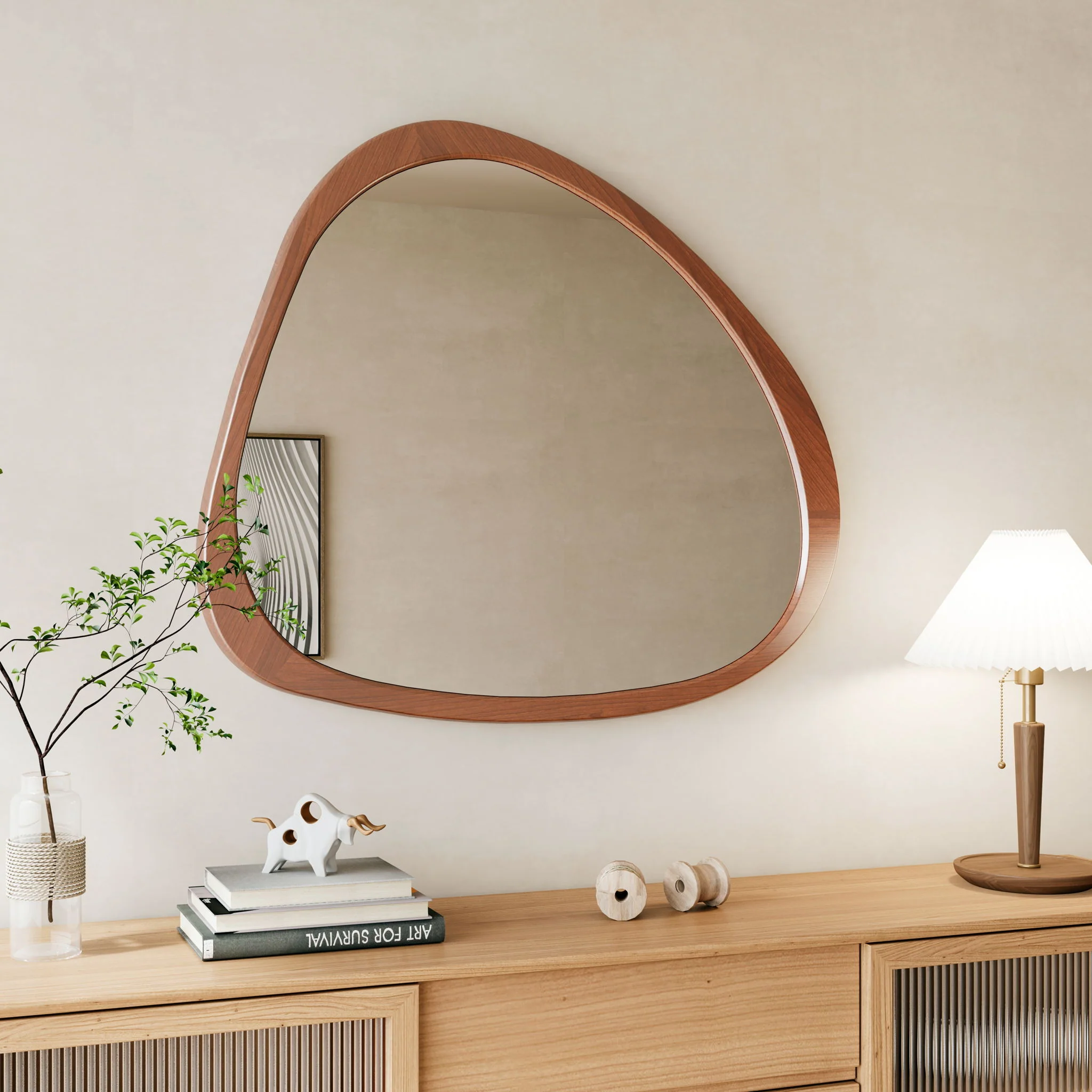 Asymmetrical Wall Mirror Wooden Framed Mirror Large Sized Dressing Mirror, For Living Room, Bedroom, Bathroom, Hallway Or Entry Way - Natural Wood - Image 4