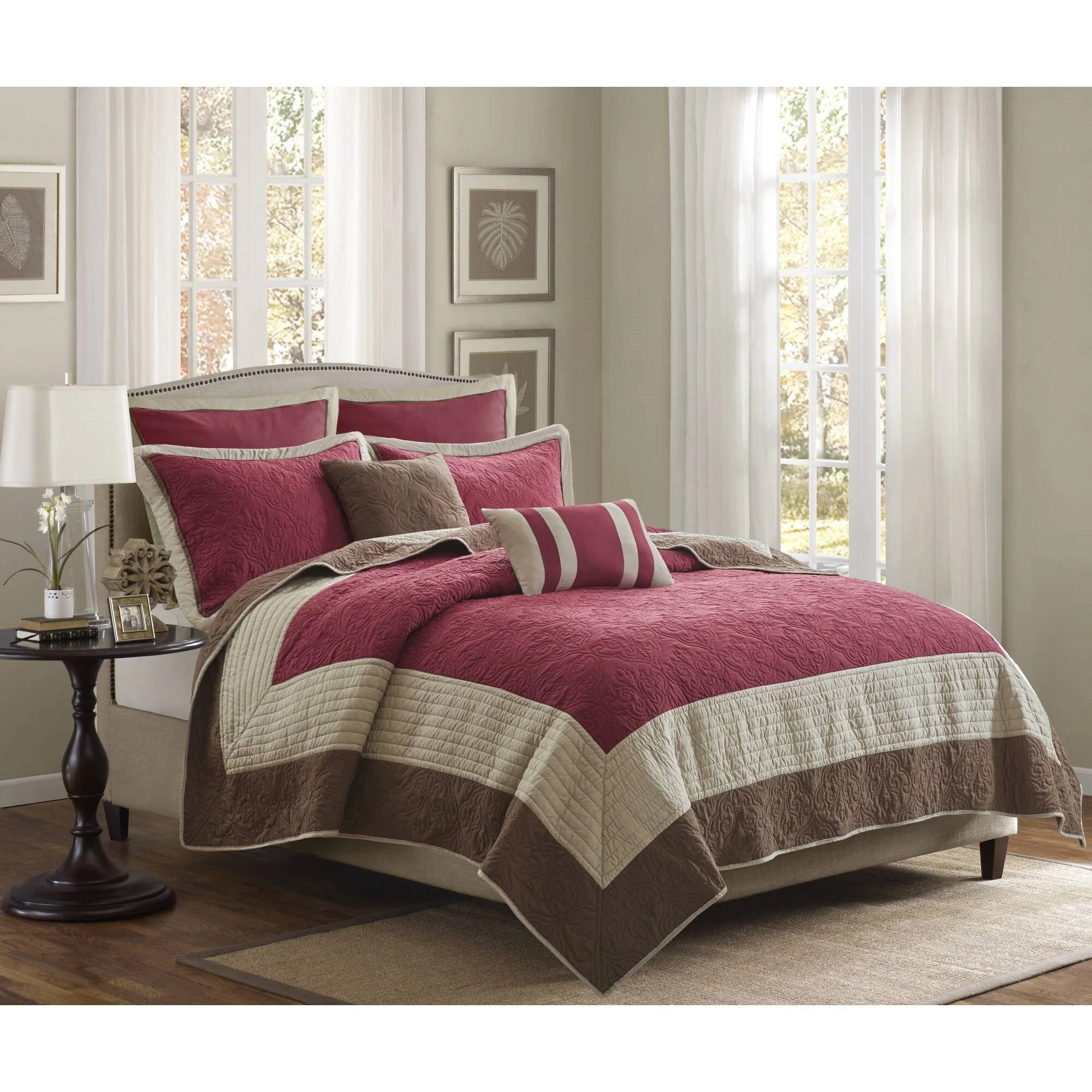 Attingham - King/California King 7 Piece Quilt Set With Euro Shams And Throw Pillows - Red - Image 2