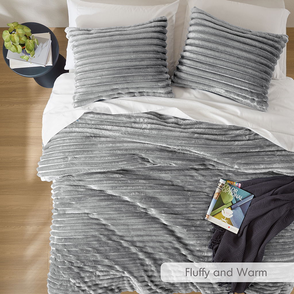 Avril - King/California King Fluffy Ribbed Plush Comforter Set - Gray - Image 2