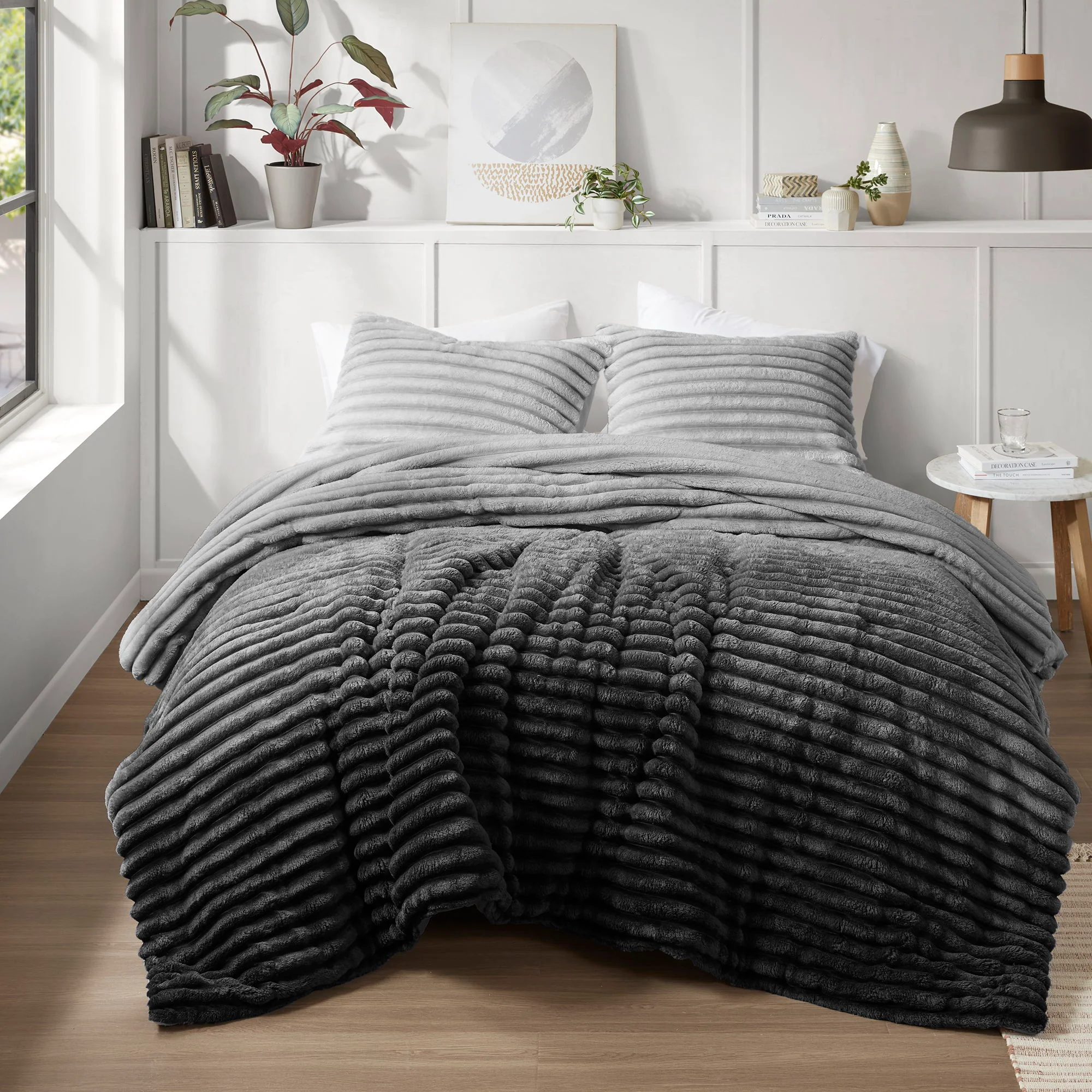 Avril - Twin/Twin Long Fluffy Ribbed Plush Comforter Set - Gray Ombre