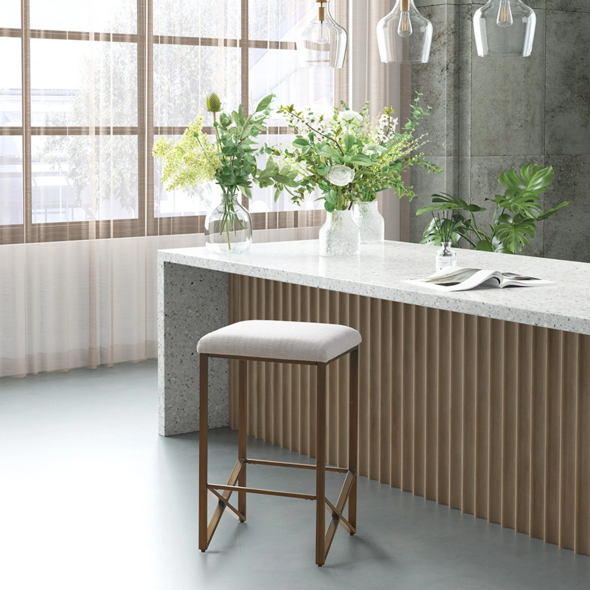 Backless Upholstered Counter Stool With Padded Seat - Ivory / Bronze - Image 4
