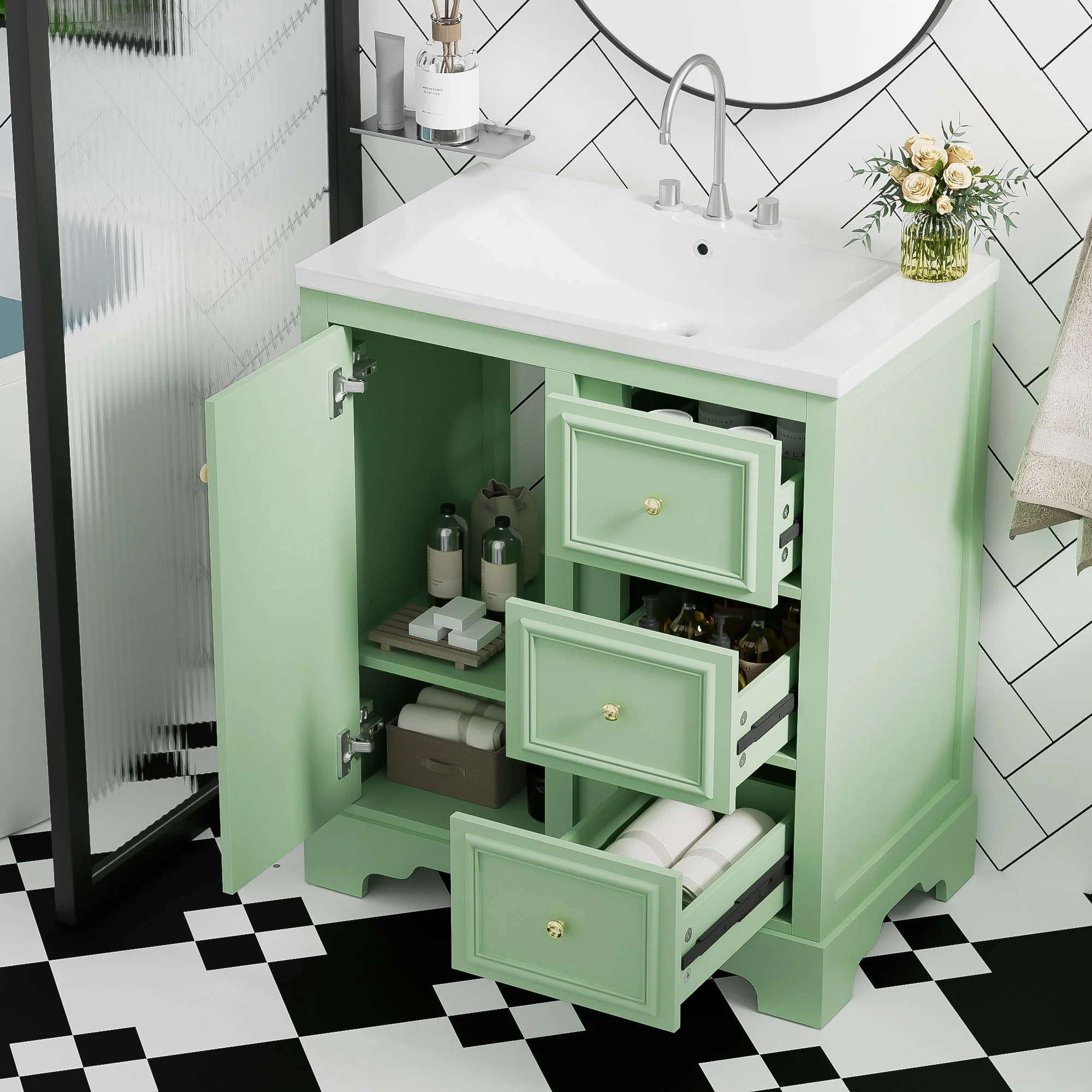 Bathroom Vanity Cabinet With Ceramic Basin, 3 Drawers And Adjustable Shelves - Image 2
