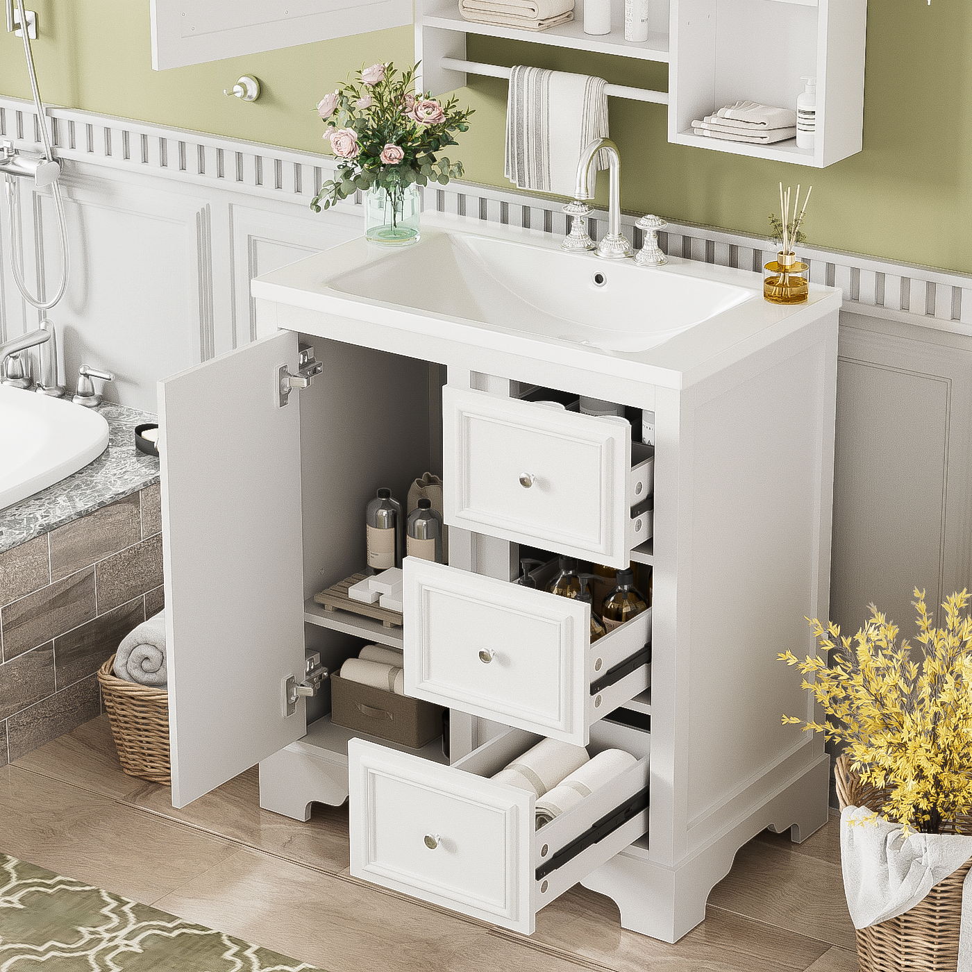 Bathroom Vanity Cabinet With Ceramic Basin, 3 Drawers And Adjustable Shelves - Image 3