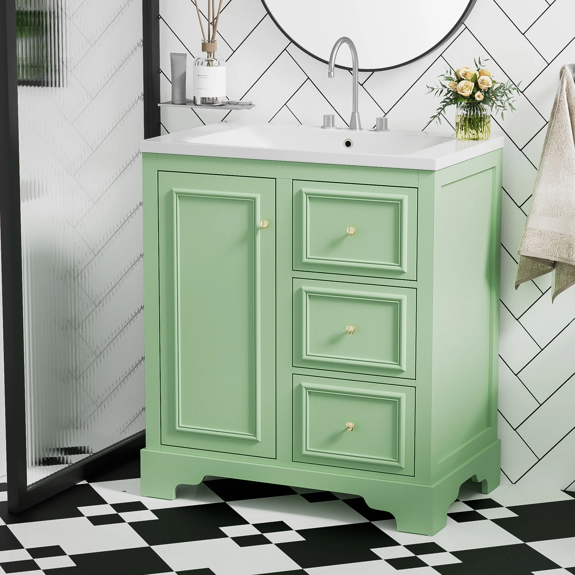 Bathroom Vanity Cabinet With Ceramic Basin, 3 Drawers And Adjustable Shelves - Image 4