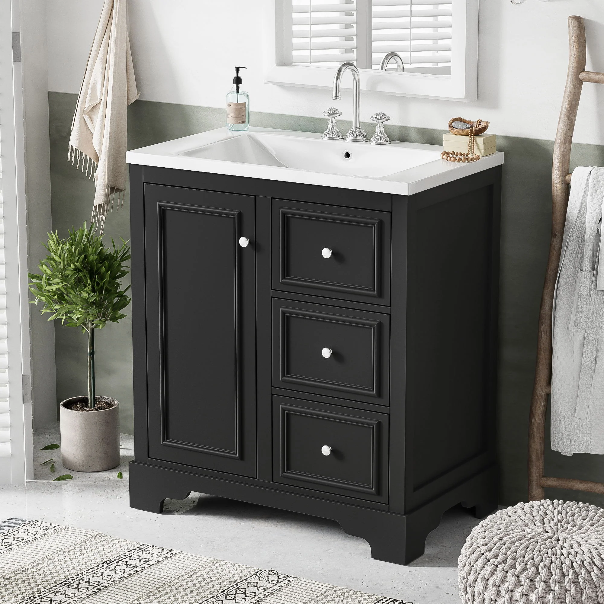 Bathroom Vanity Cabinet With Ceramic Basin, 3 Drawers And Adjustable Shelves - Image 5