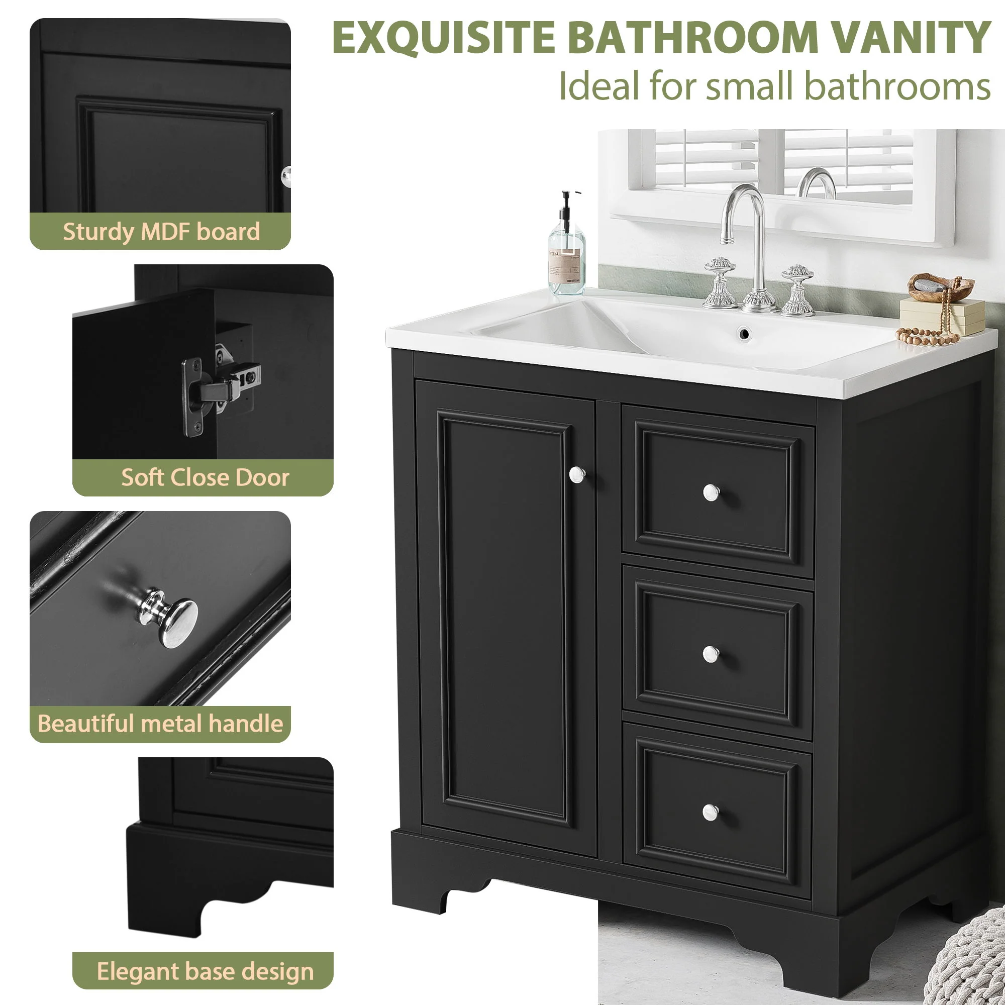 Bathroom Vanity Cabinet With Ceramic Basin, 3 Drawers And Adjustable Shelves - Image 7