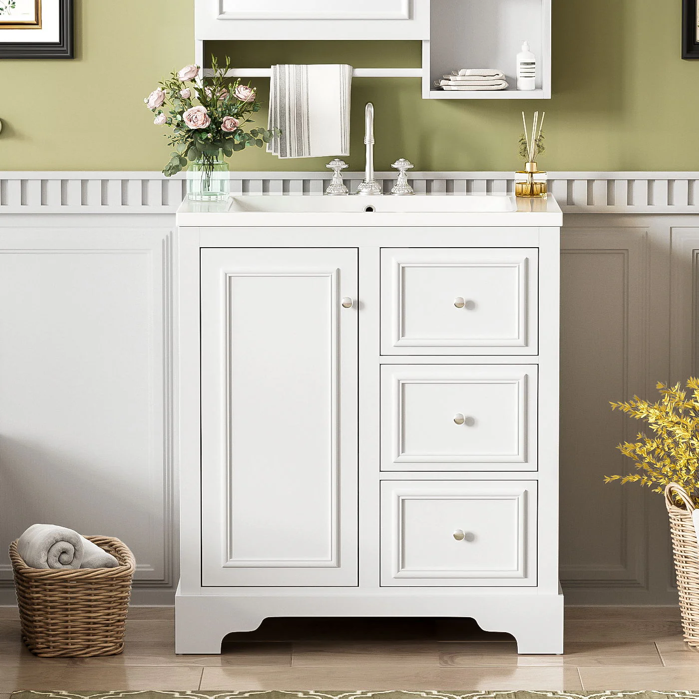 Bathroom Vanity Cabinet With Ceramic Basin, 3 Drawers And Adjustable Shelves - Image 8