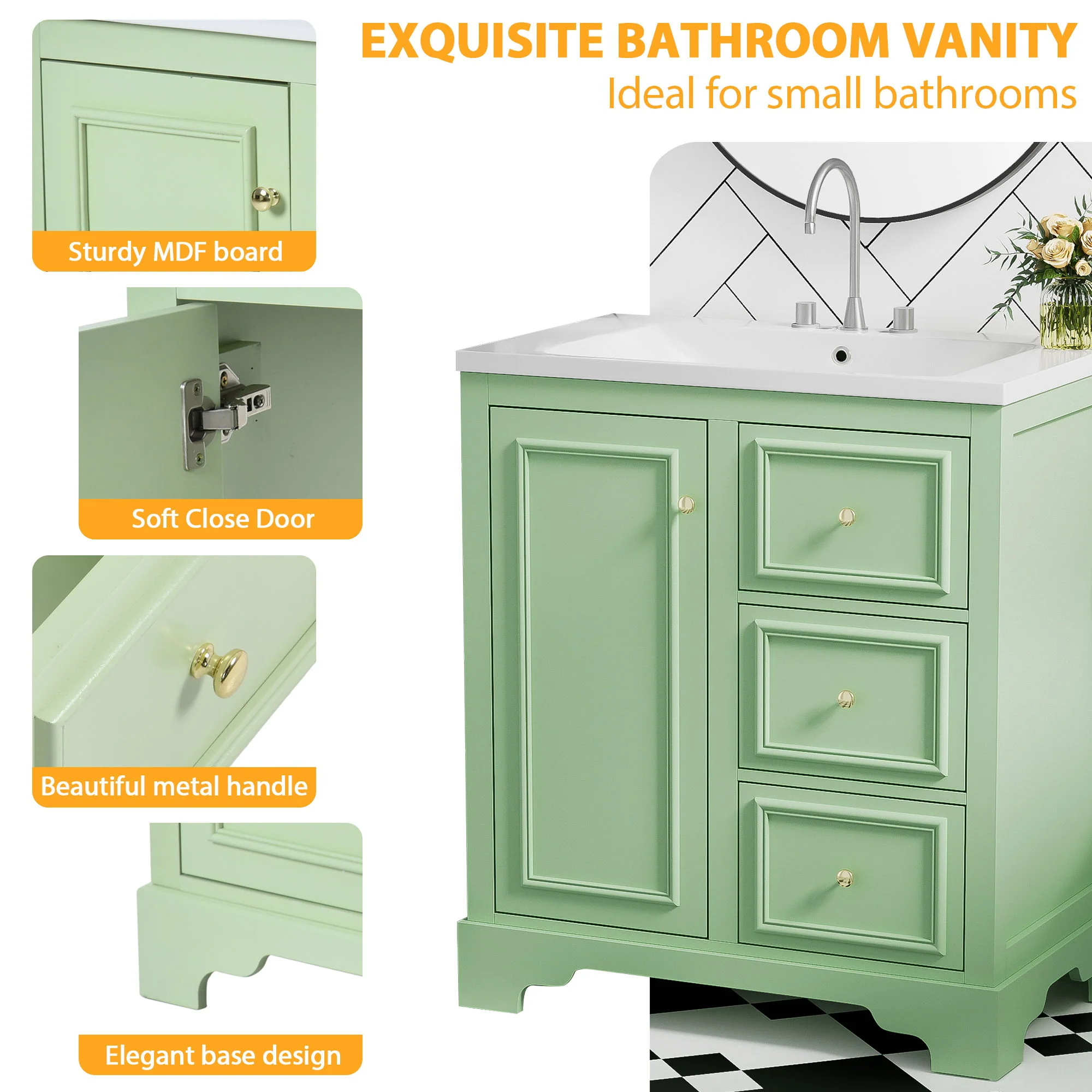 Bathroom Vanity Cabinet With Ceramic Basin, 3 Drawers And Adjustable Shelves - Image 9