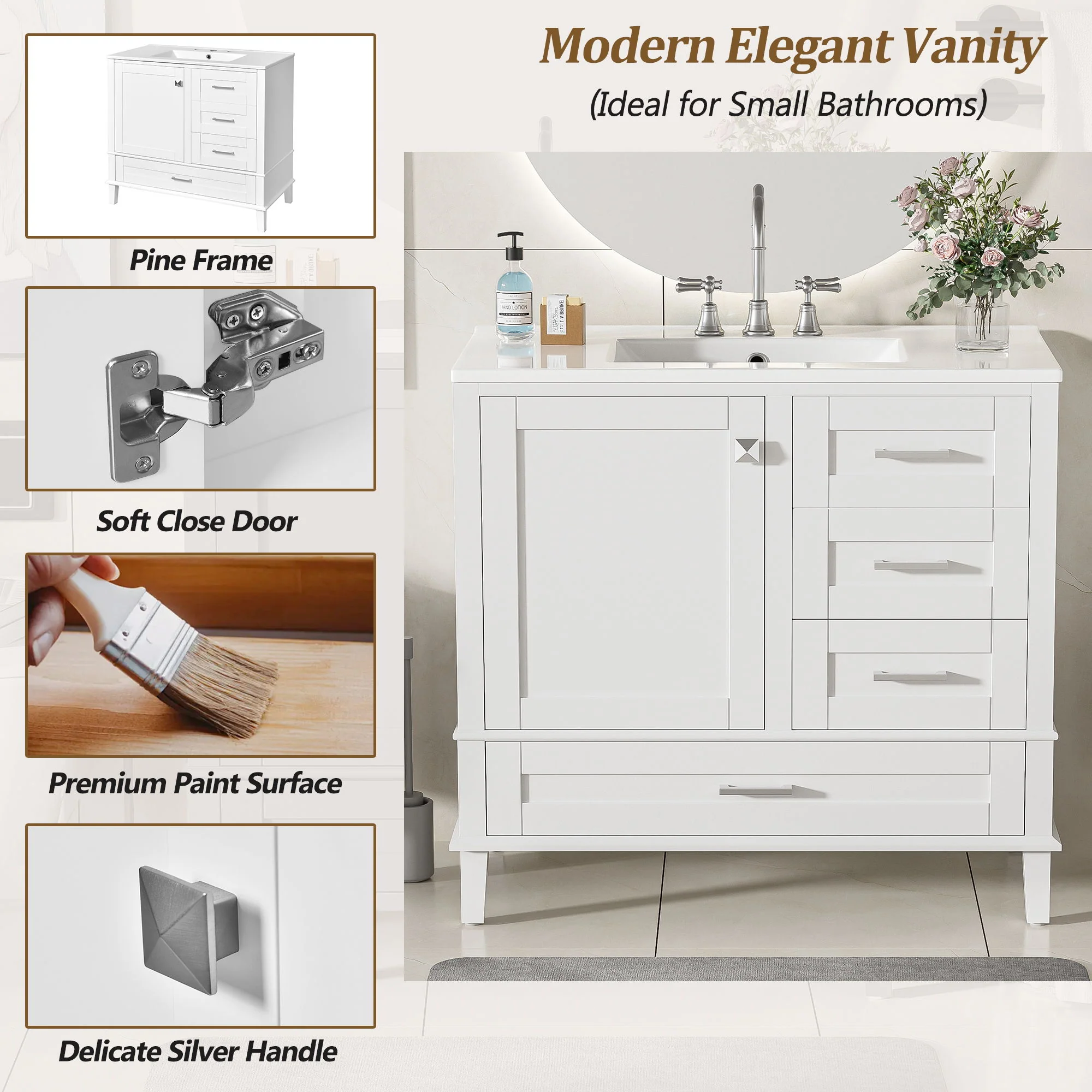 Bathroom Vanity, Modern Bathroom Cabinet With Sink Combo Set, Bathroom Storage Cabinet With A Soft Closing Door And 3 Drawers, Solid Wood Frame - Image 17