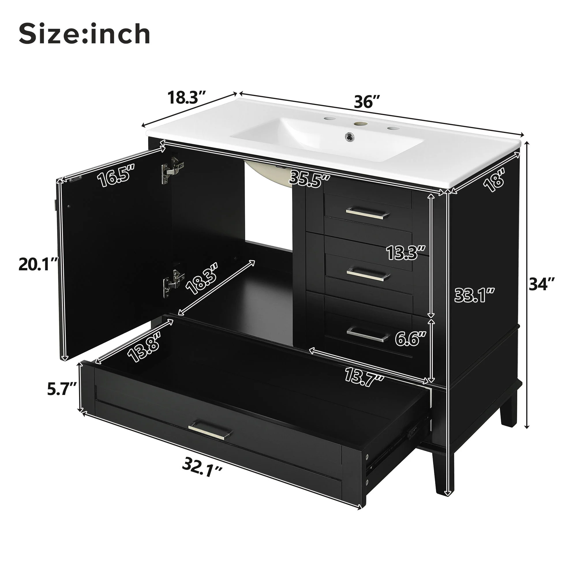 Bathroom Vanity, Modern Bathroom Cabinet With Sink Combo Set, Bathroom Storage Cabinet With A Soft Closing Door And 3 Drawers, Solid Wood Frame - Image 23