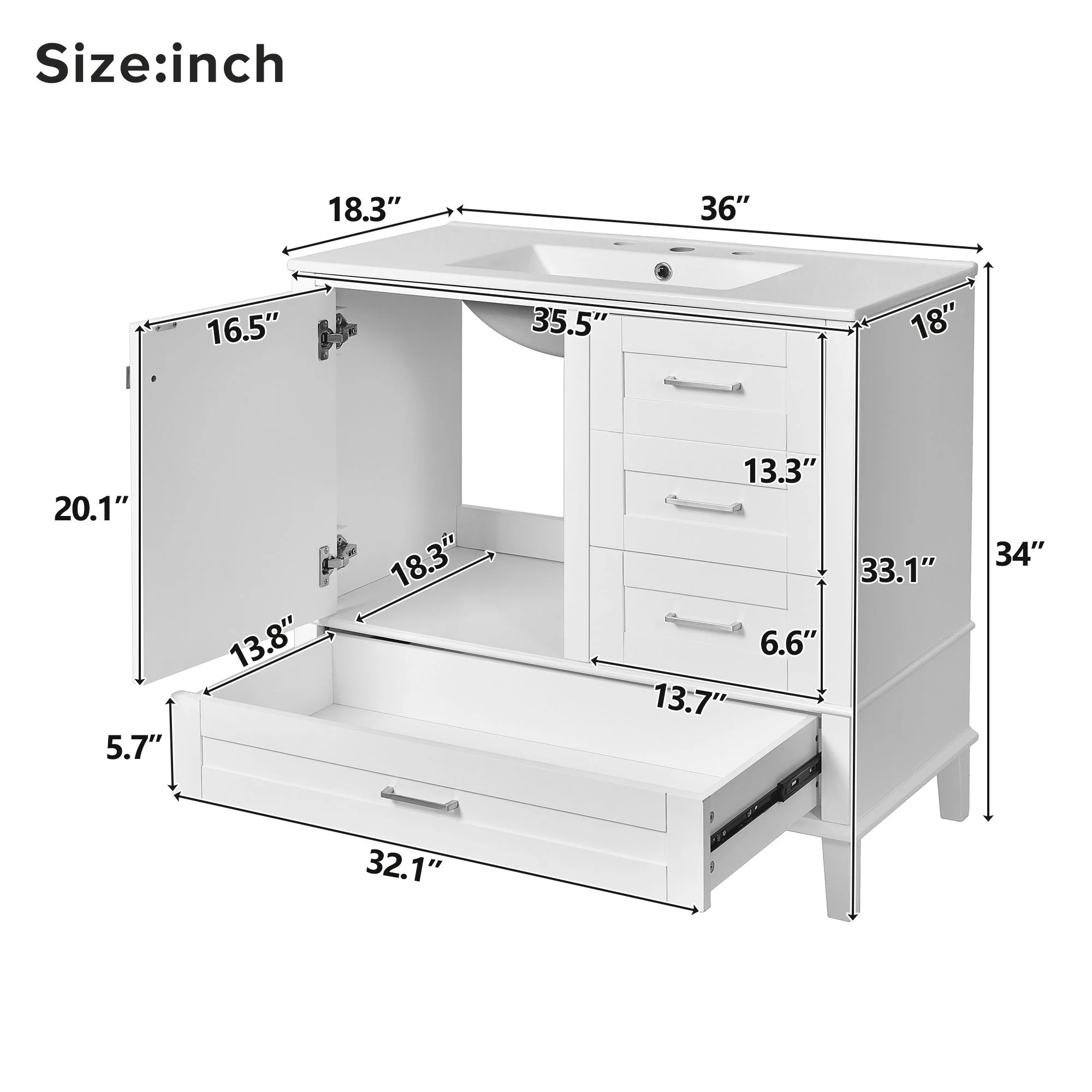 Bathroom Vanity, Modern Bathroom Cabinet With Sink Combo Set, Bathroom Storage Cabinet With A Soft Closing Door And 3 Drawers, Solid Wood Frame - Image 30