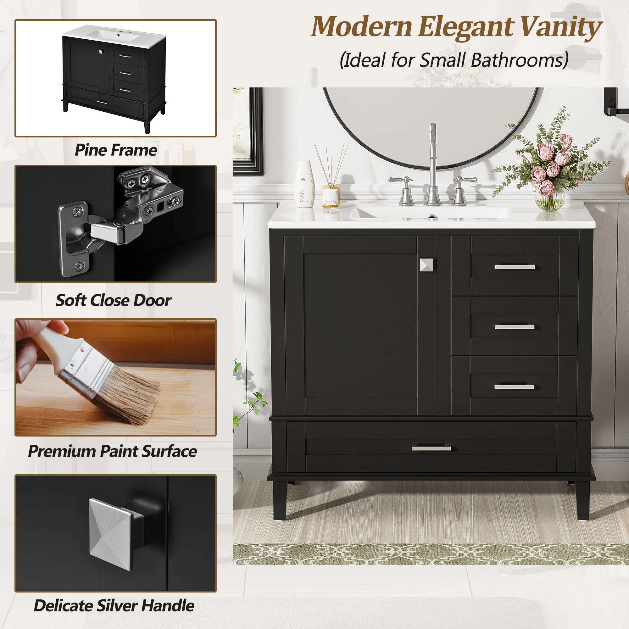 Bathroom Vanity, Modern Bathroom Cabinet With Sink Combo Set, Bathroom Storage Cabinet With A Soft Closing Door And 3 Drawers, Solid Wood Frame - Image 34