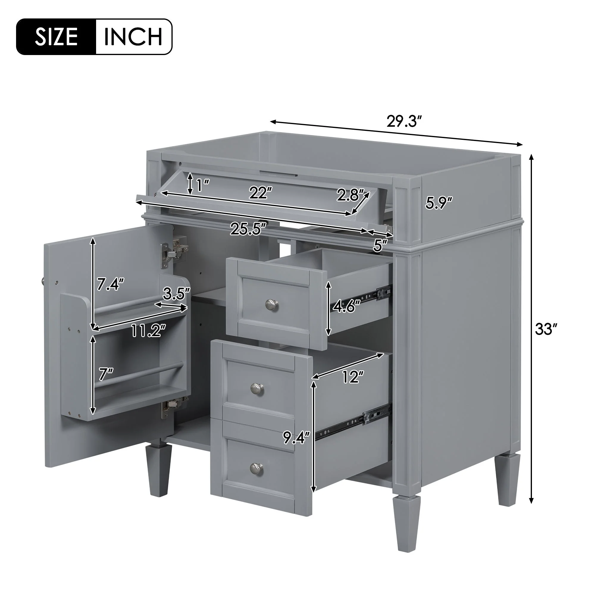 Bathroom Vanity With 2 Drawers And Tip-Out Drawer, Storage Cabinet - Image 80