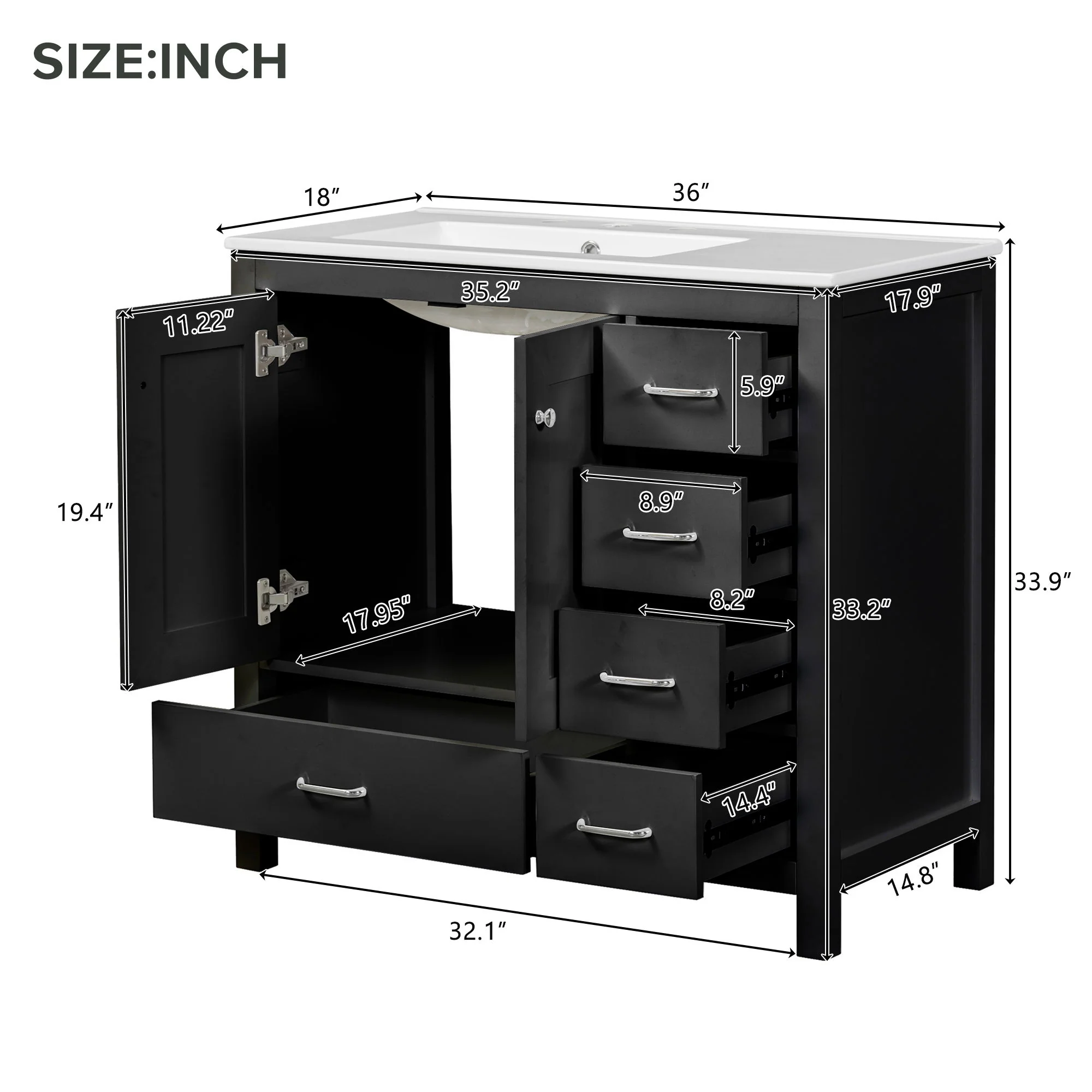 Bathroom Vanity With Ceramic Sink Combo, Abundant Storage Cabinet 2 Soft Close Doors And 5 Drawers - Image 15