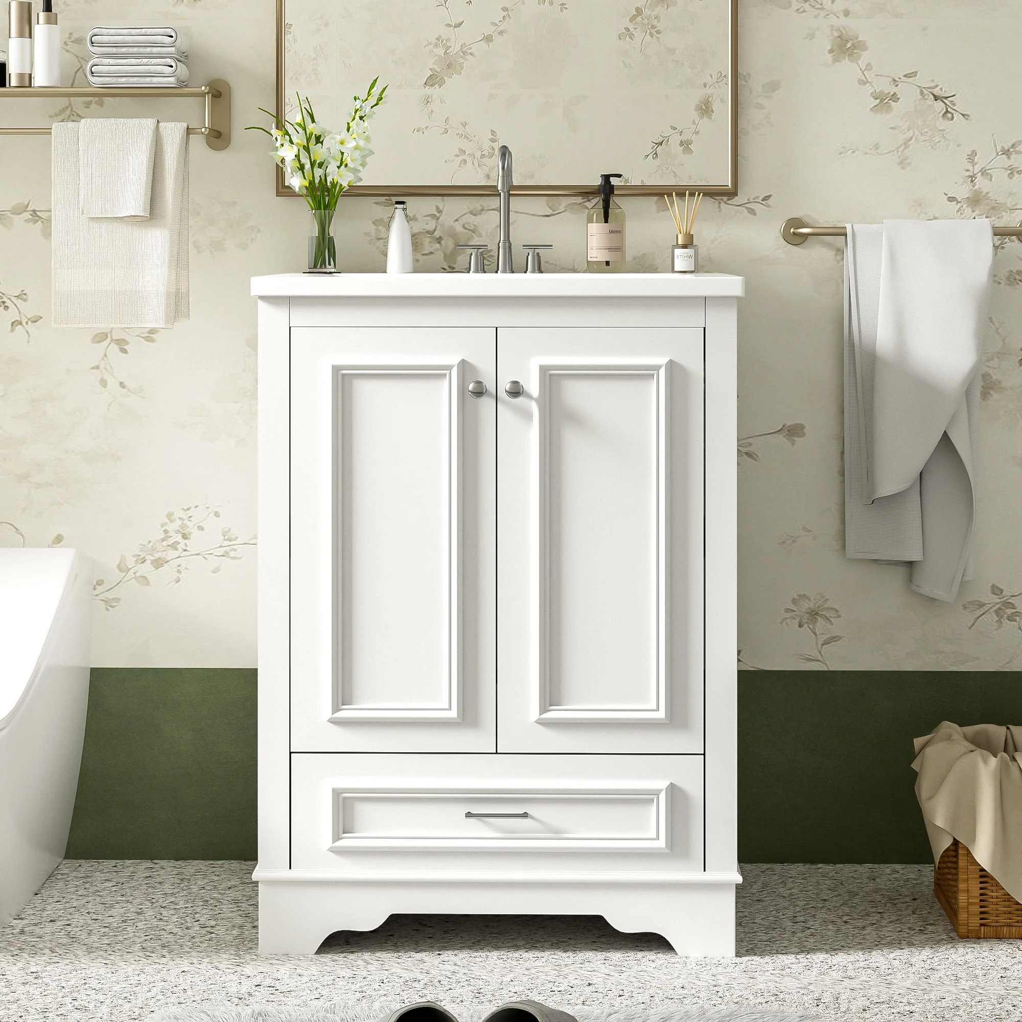 Bathroom Vanity With Ceramic Sink Combo, Modern Freestanding Storage Cabinet With Silver Handles - Image 10