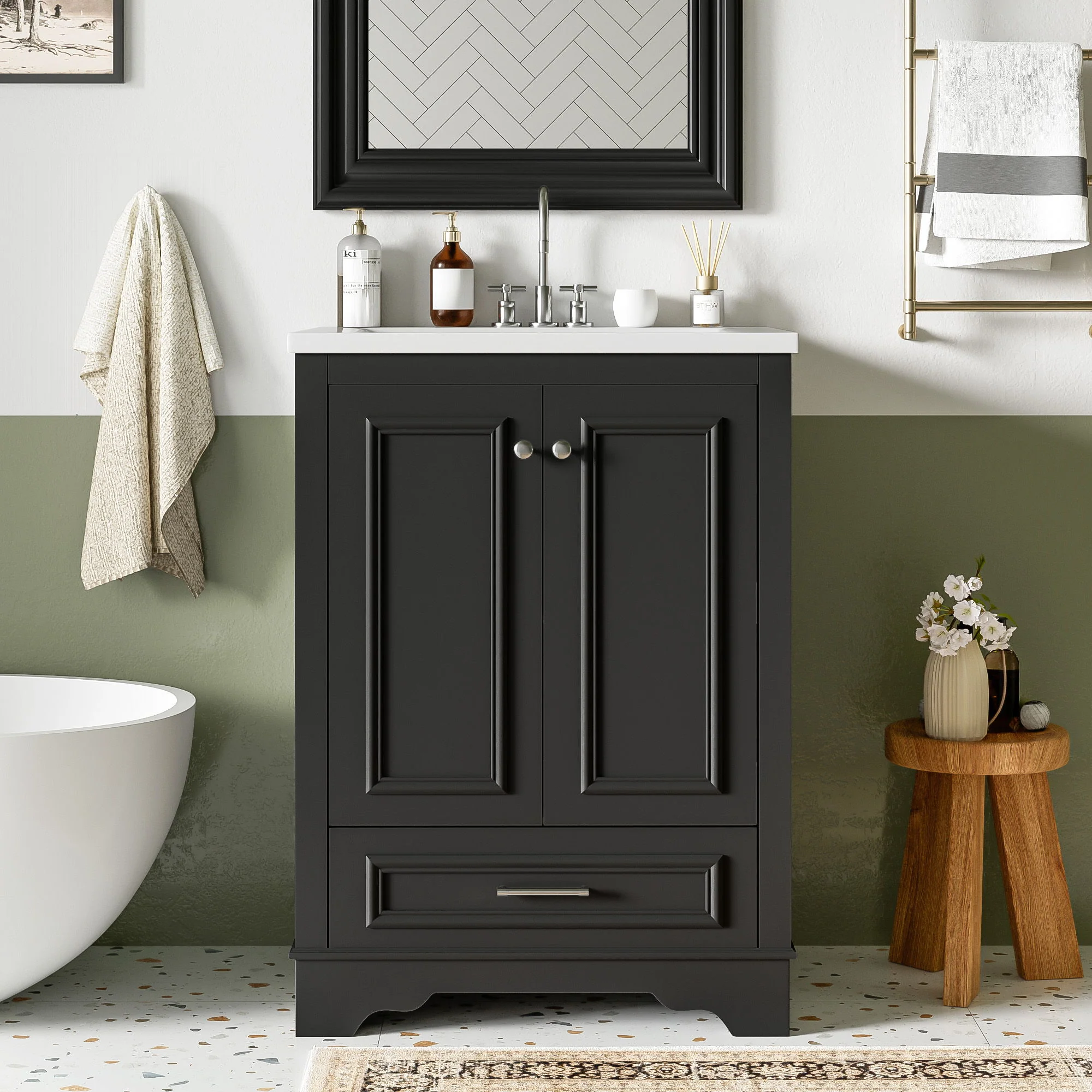 Bathroom Vanity With Ceramic Sink Combo, Modern Freestanding Storage Cabinet With Silver Handles - Image 11