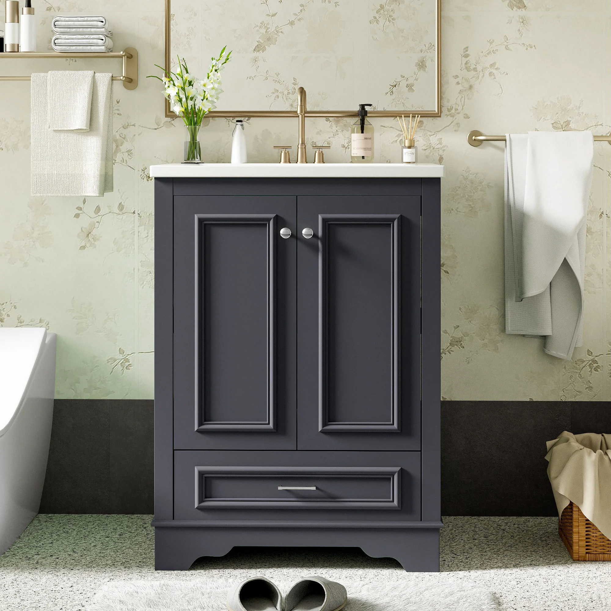 Bathroom Vanity With Ceramic Sink Combo, Modern Freestanding Storage Cabinet With Silver Handles - Image 12