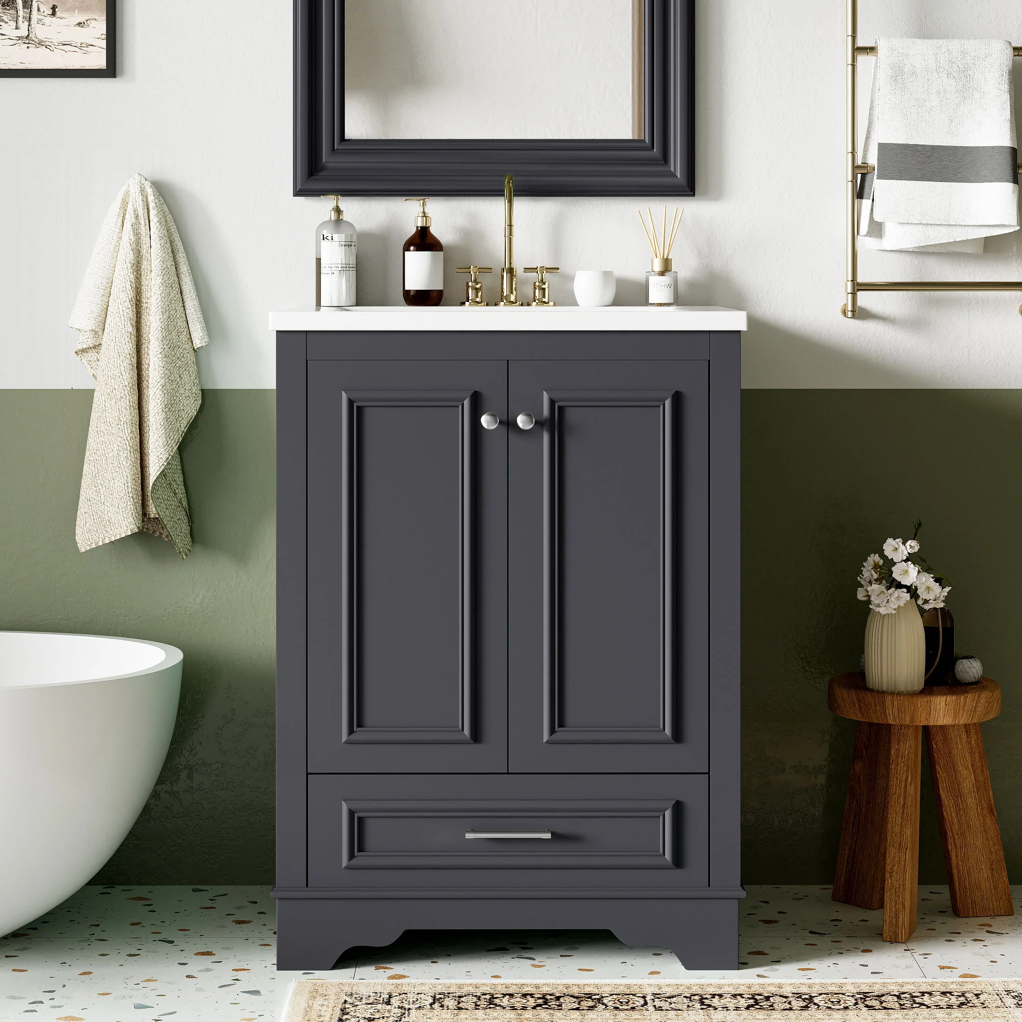 Bathroom Vanity With Ceramic Sink Combo, Modern Freestanding Storage Cabinet With Silver Handles - Image 13