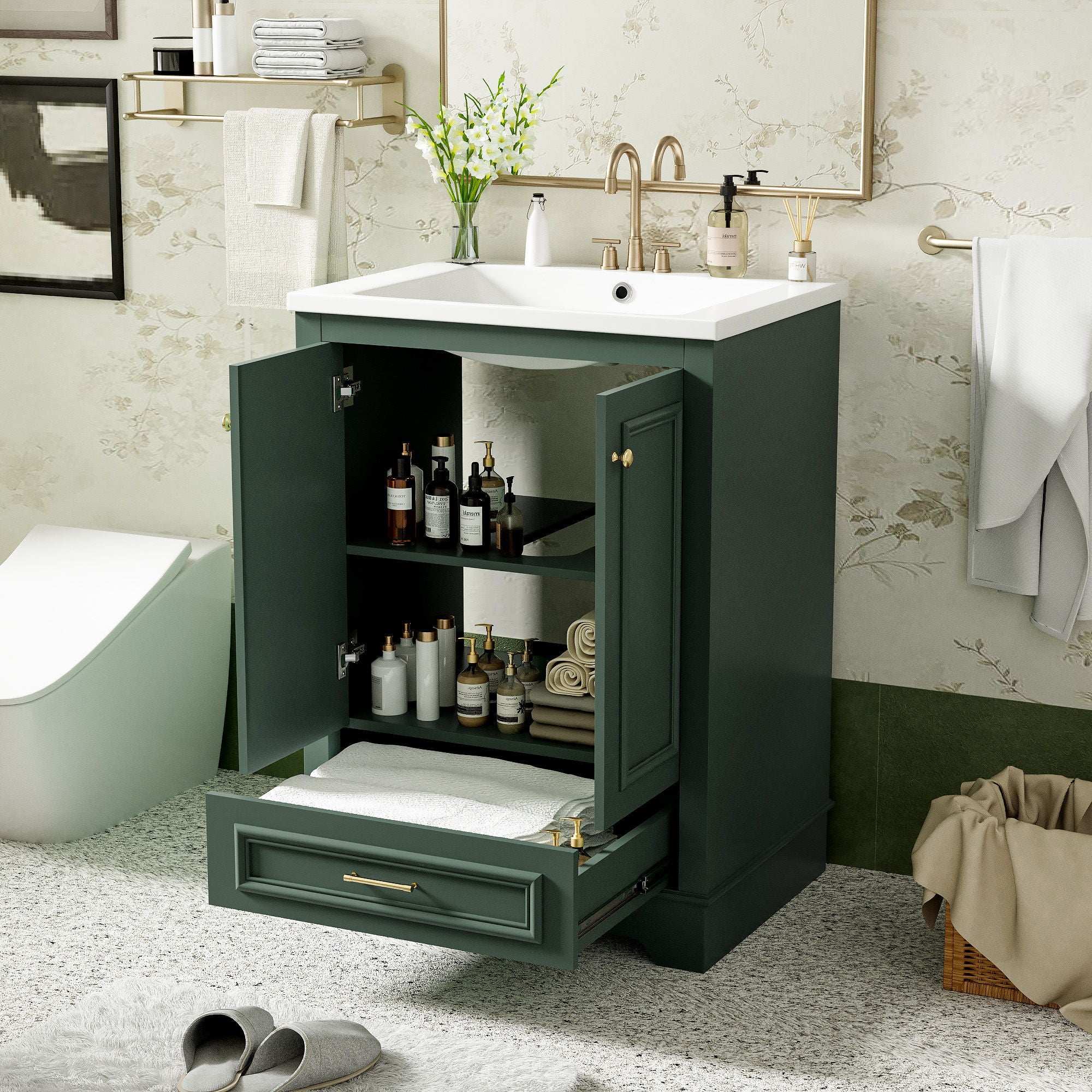 Bathroom Vanity With Ceramic Sink Combo, Modern Freestanding Storage Cabinet With Silver Handles - Image 14