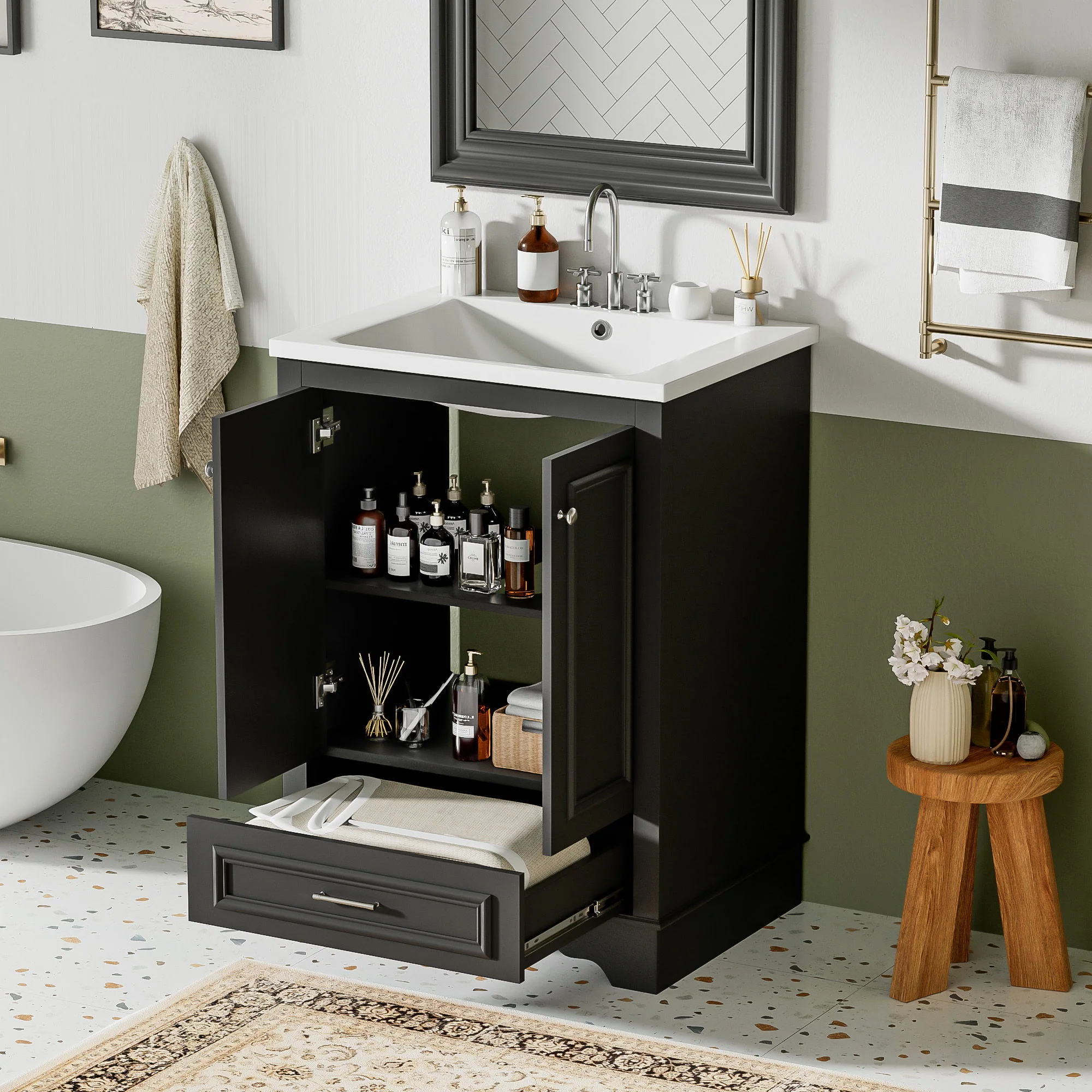 Bathroom Vanity With Ceramic Sink Combo, Modern Freestanding Storage Cabinet With Silver Handles - Image 15