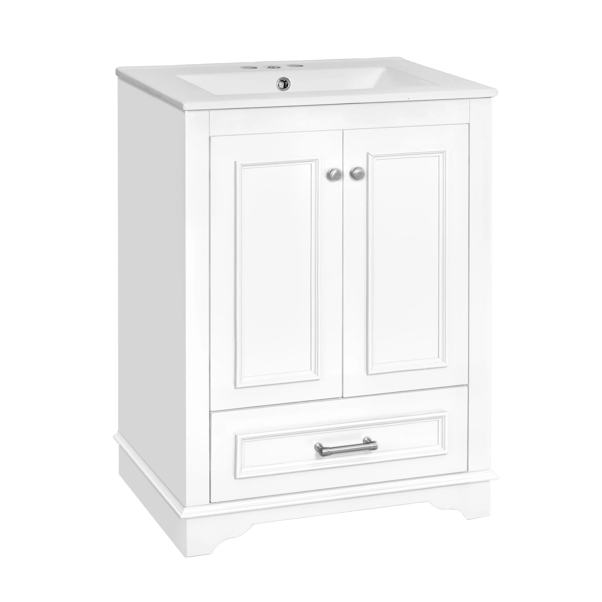 Bathroom Vanity With Ceramic Sink Combo, Modern Freestanding Storage Cabinet With Silver Handles - Image 3