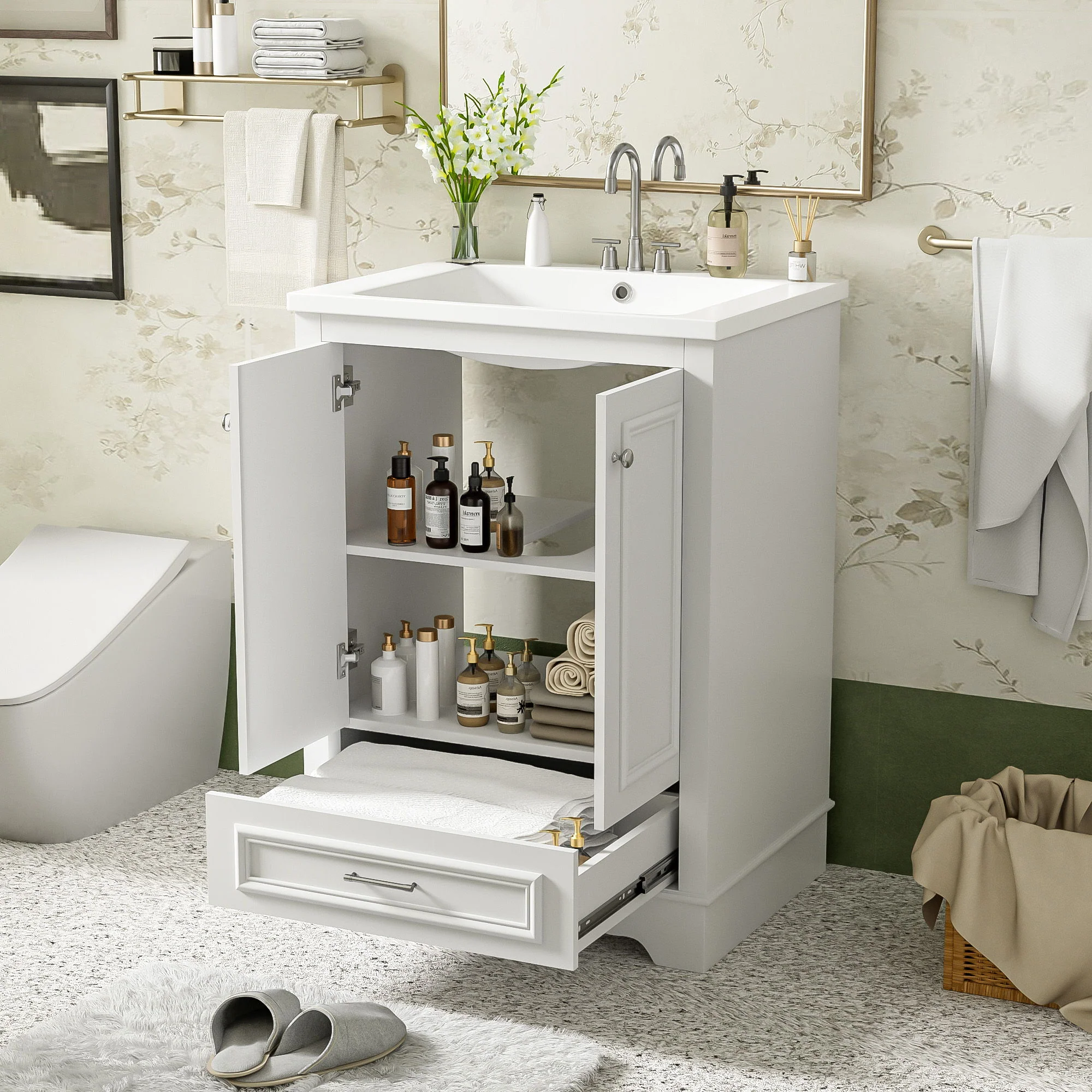 Bathroom Vanity With Ceramic Sink Combo, Modern Freestanding Storage Cabinet With Silver Handles - Image 8