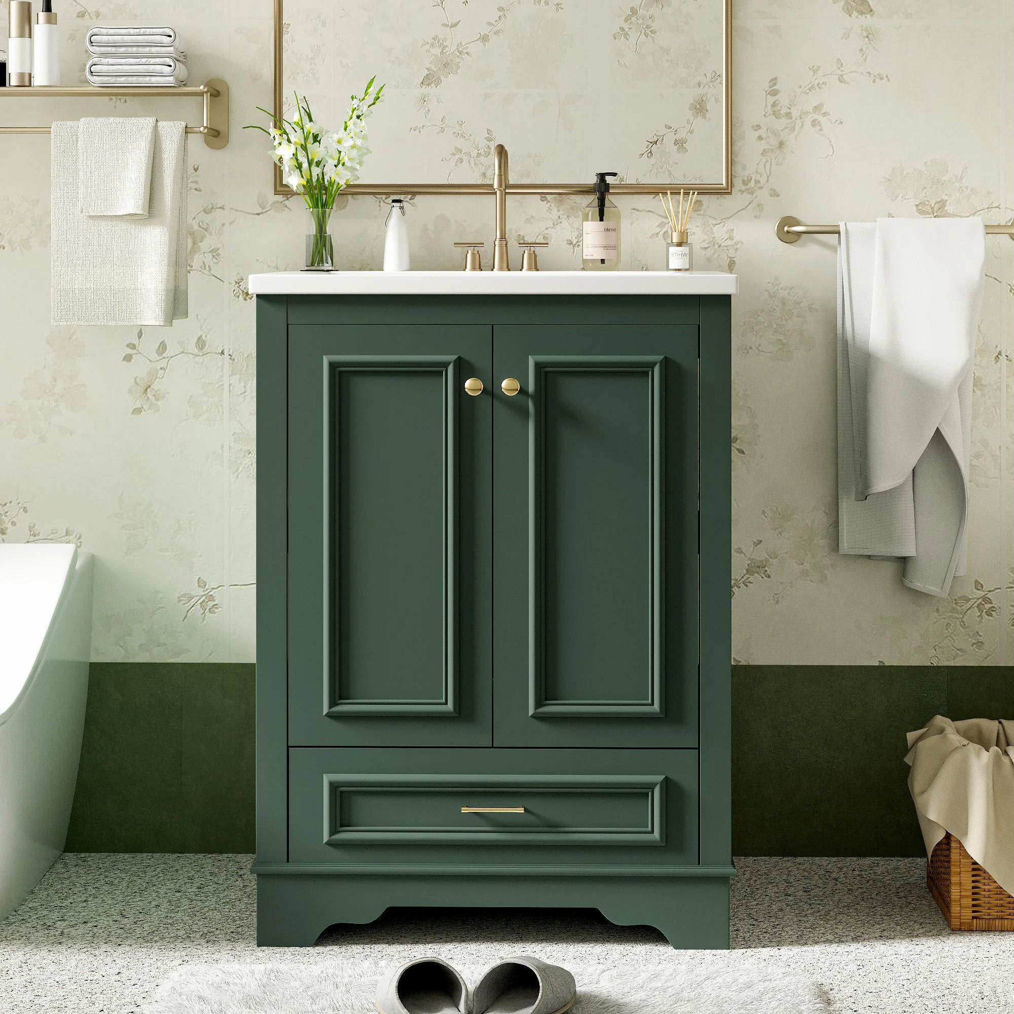 Bathroom Vanity With Ceramic Sink Combo, Modern Freestanding Storage Cabinet With Silver Handles - Image 9