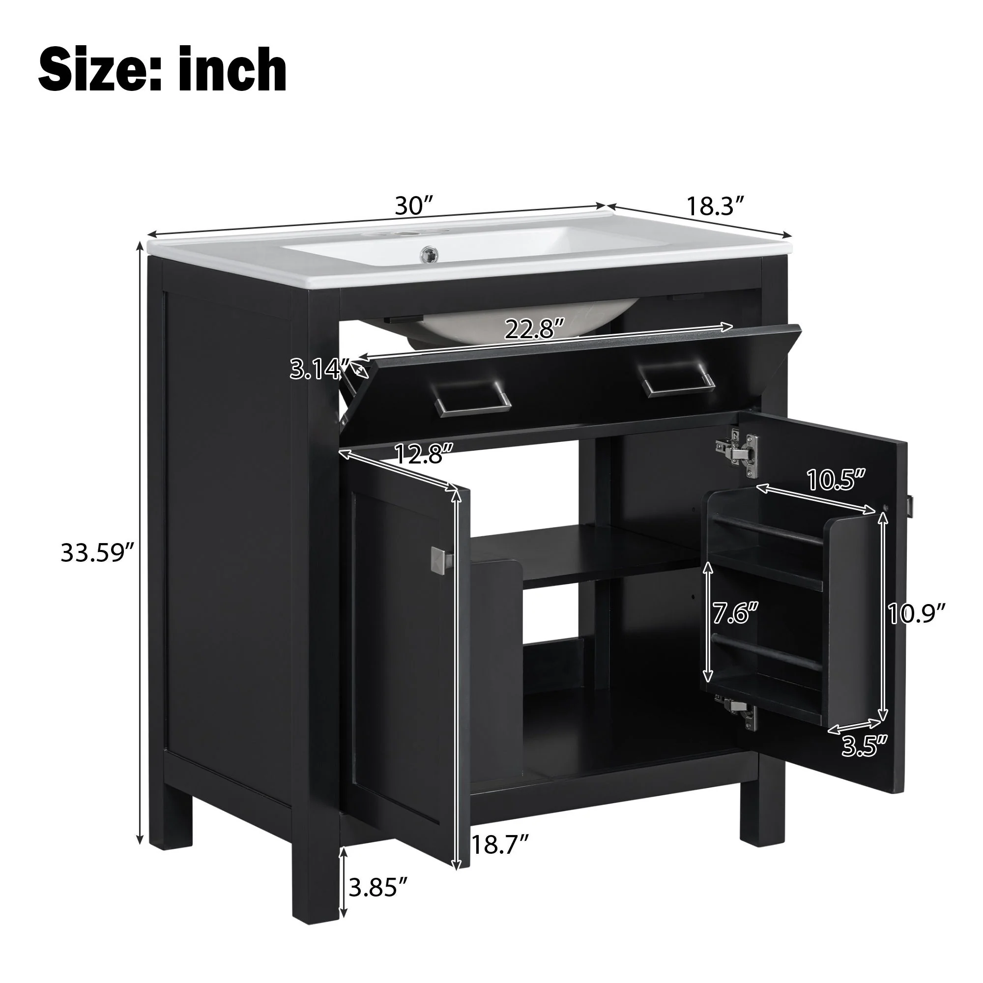 Bathroom Vanity With Ceramic Sink, Modern Single Bathroom Cabinet With 2 Doors And A Shelf, Soft Close Doors - Image 10