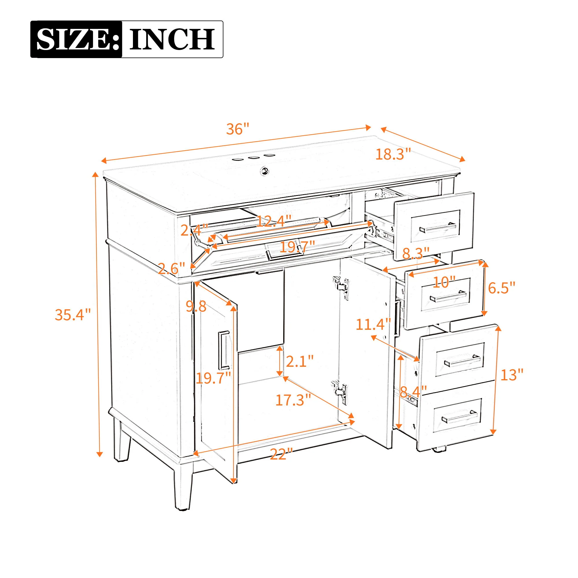 Bathroom Vanity With Ceramic Sink, Soft-Close Doors, 4 Storage Drawers - Blue - Image 2