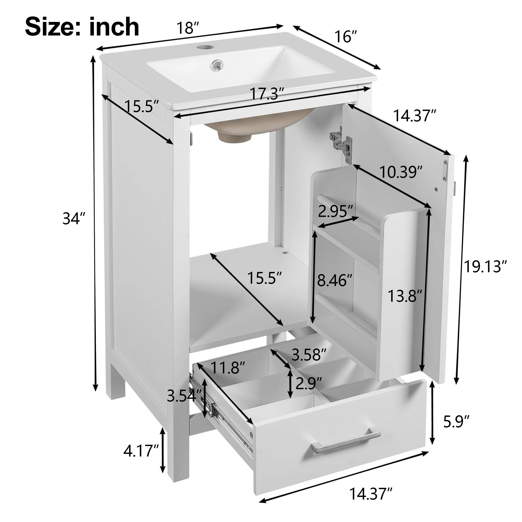 Bathroom Vanity With Ceramic Sink, Soft Close Drawers, Door Organizer, Divider Drawer, Adjustable Foot Pads - Image 10