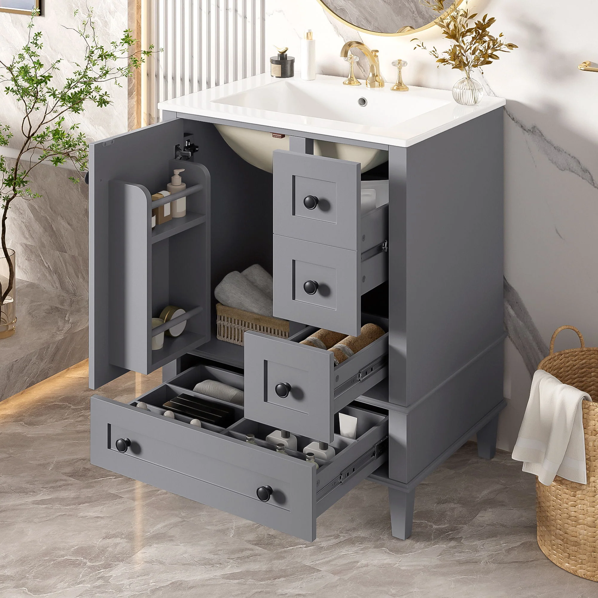 Bathroom Vanity With Integrated Basin, Soft Close Drawers, Door Mounted Double Layer Shelf - Image 5