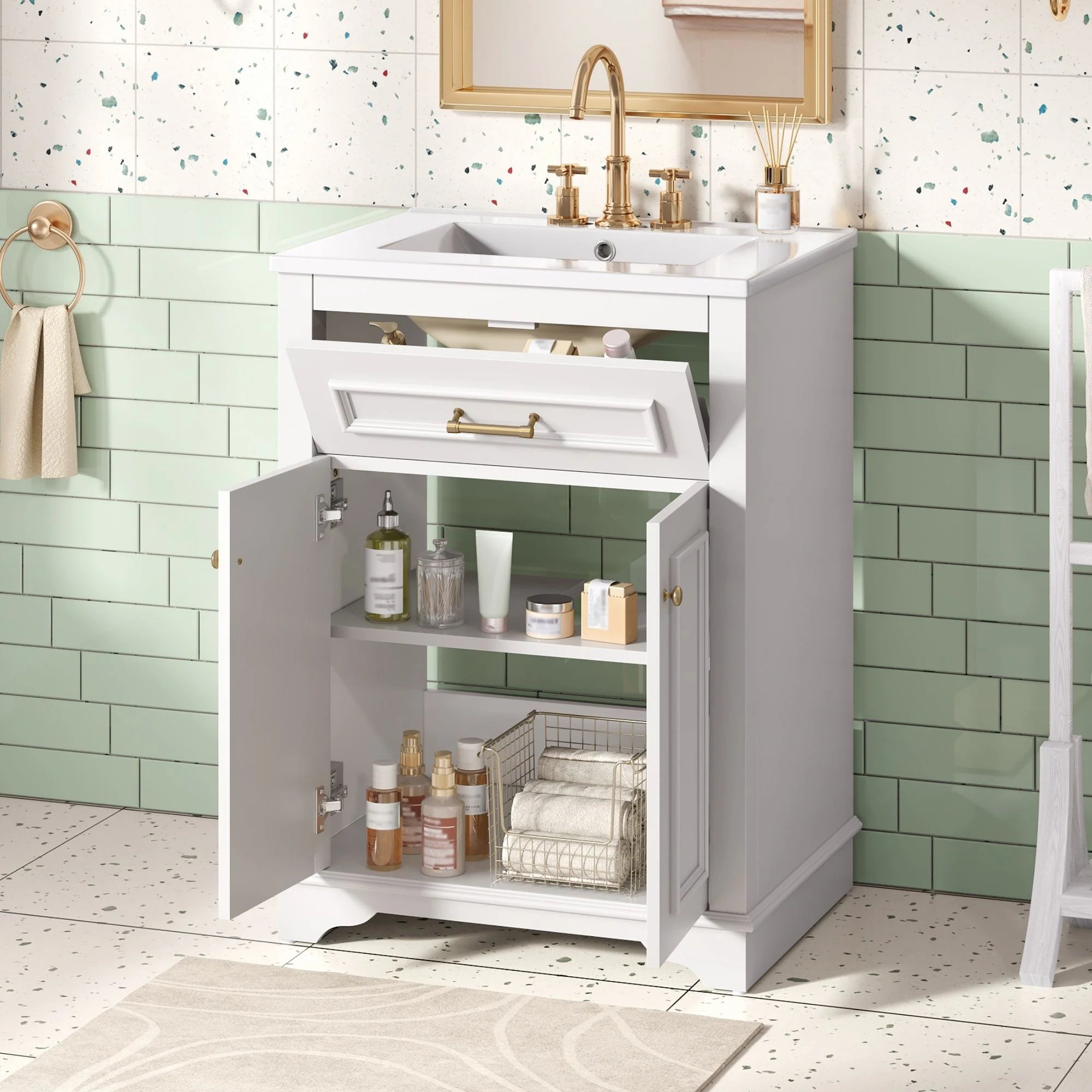 Bathroom Vanity With Integrated Sink, 2 Door Cabinet With Tip Out Drawer, Rectangular Design - Image 10