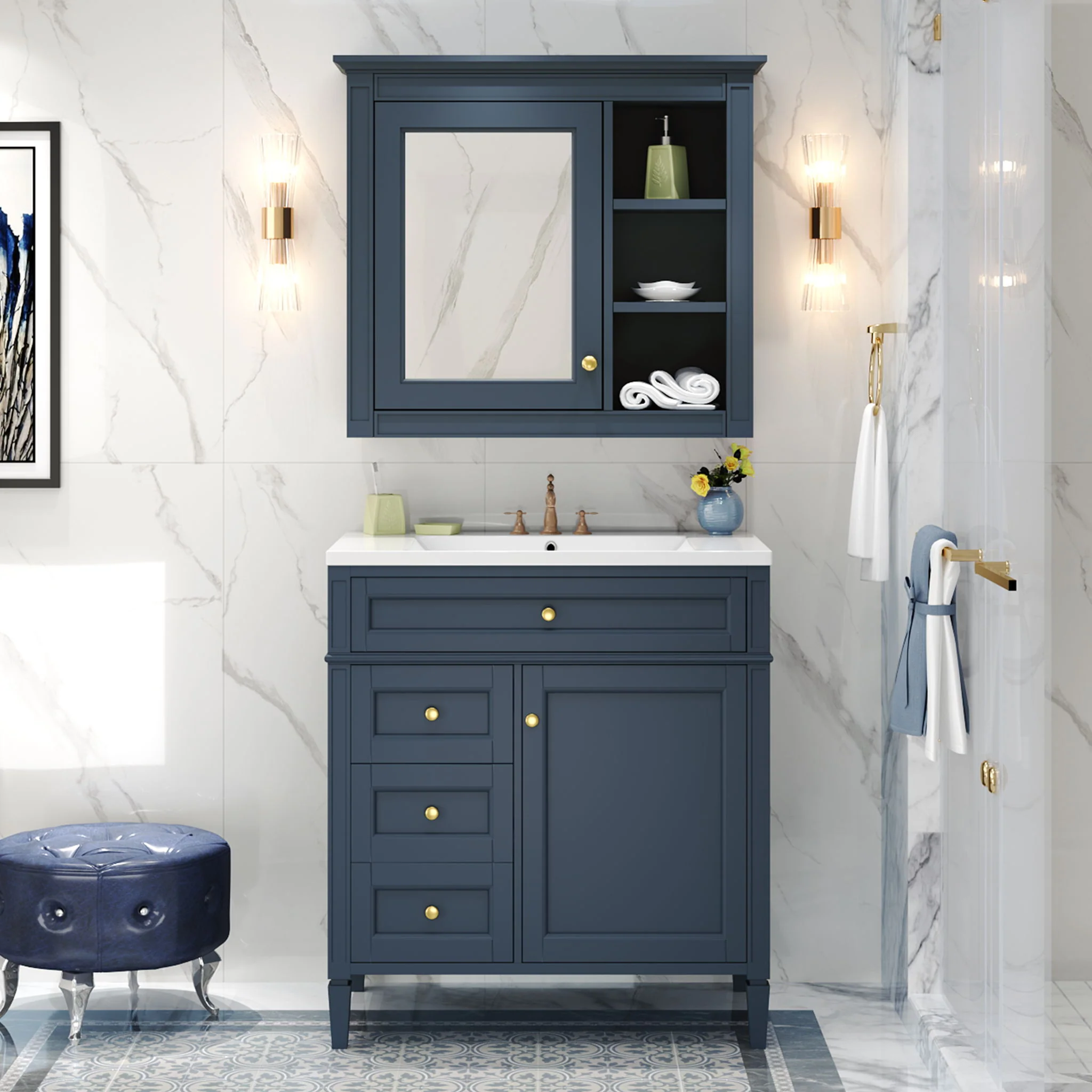 Bathroom Vanity With Medicine Cabinet, Royal Mirror Cabinet, Modern Bathroom Storage Cabinet With 2 Soft Closing Doors And 4 Drawers - Image 8
