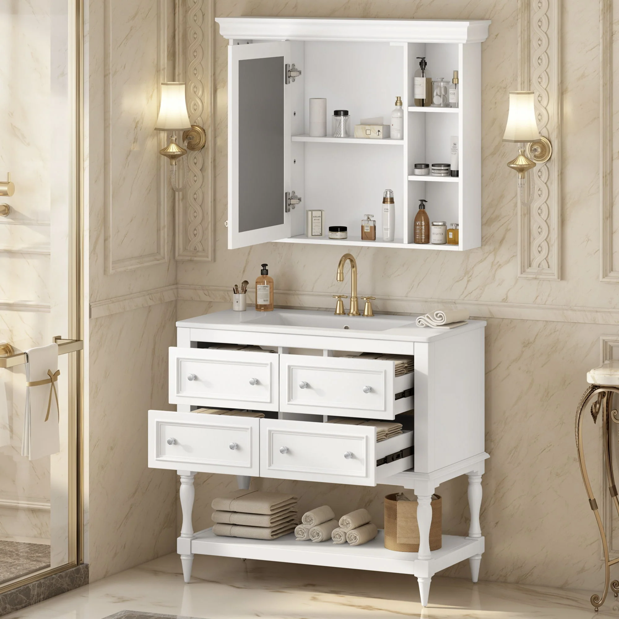 Bathroom Vanity With Medicine Cabinet, Storage Cabinet With 4 Drawers, Adjustable Shelf Mirror - Image 4