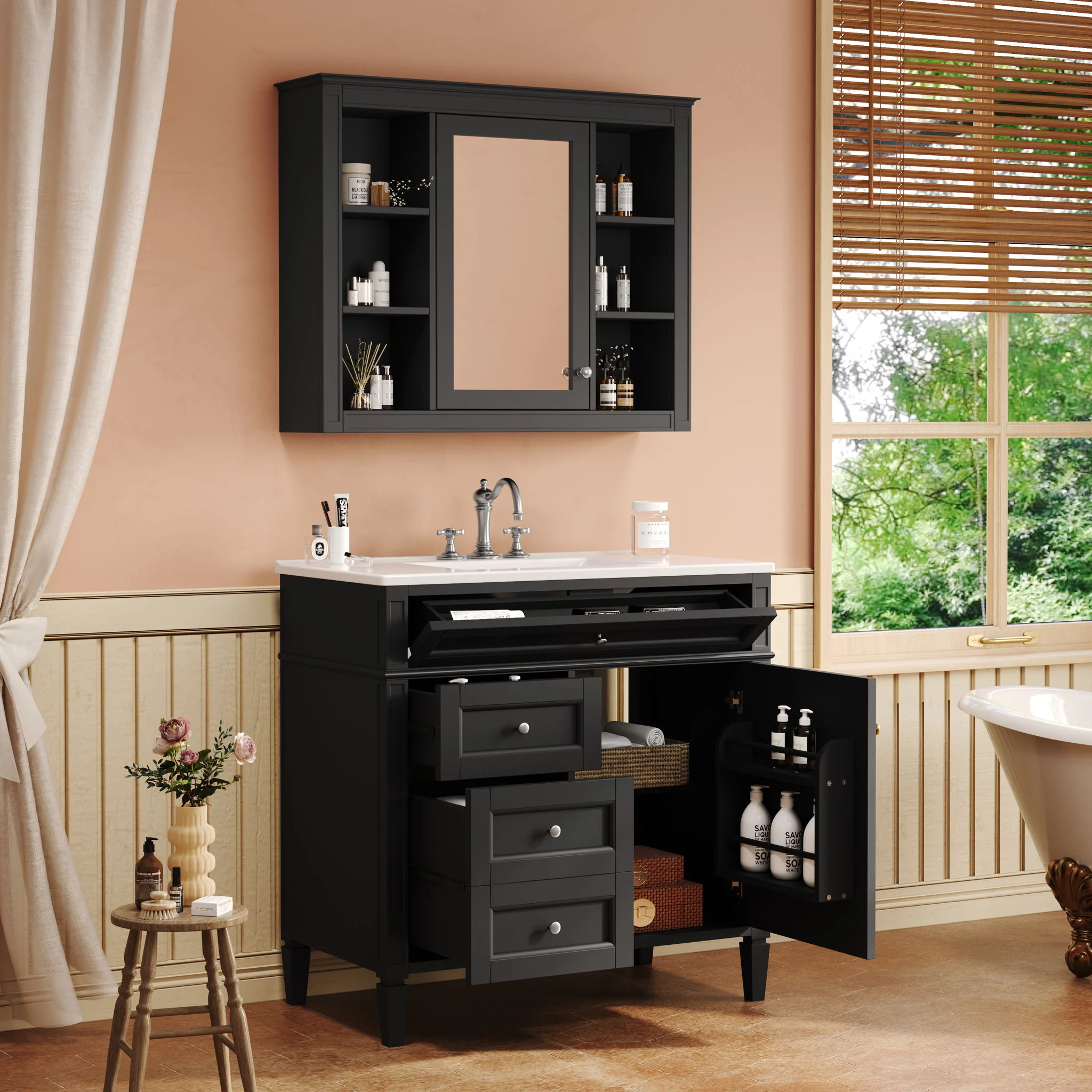 Bathroom Vanity With Mirror Cabinet, Single Sink With 2 Soft Closing Doors And 4 Drawers - Image 20