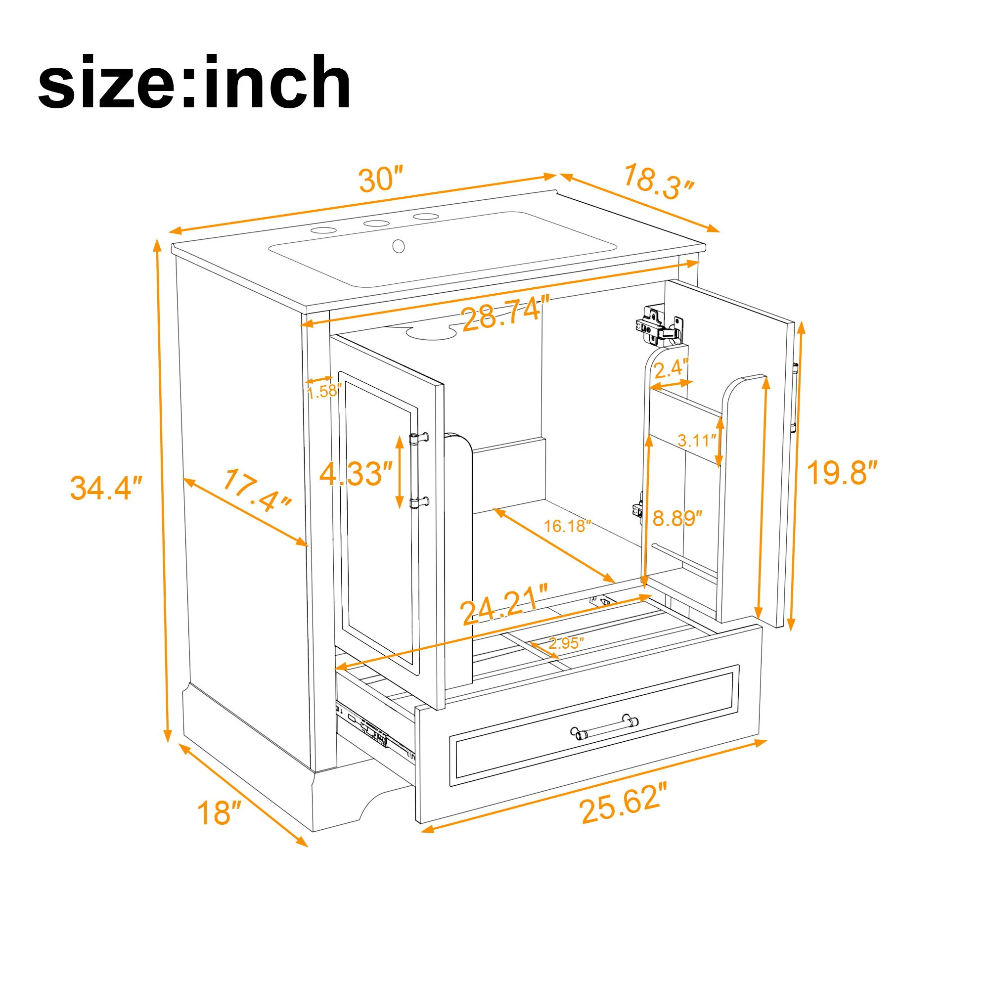 Bathroom Vanity With Sink, 1 Divided Drawer And 2 Soft Close Doors With Double Shelf - Image 21
